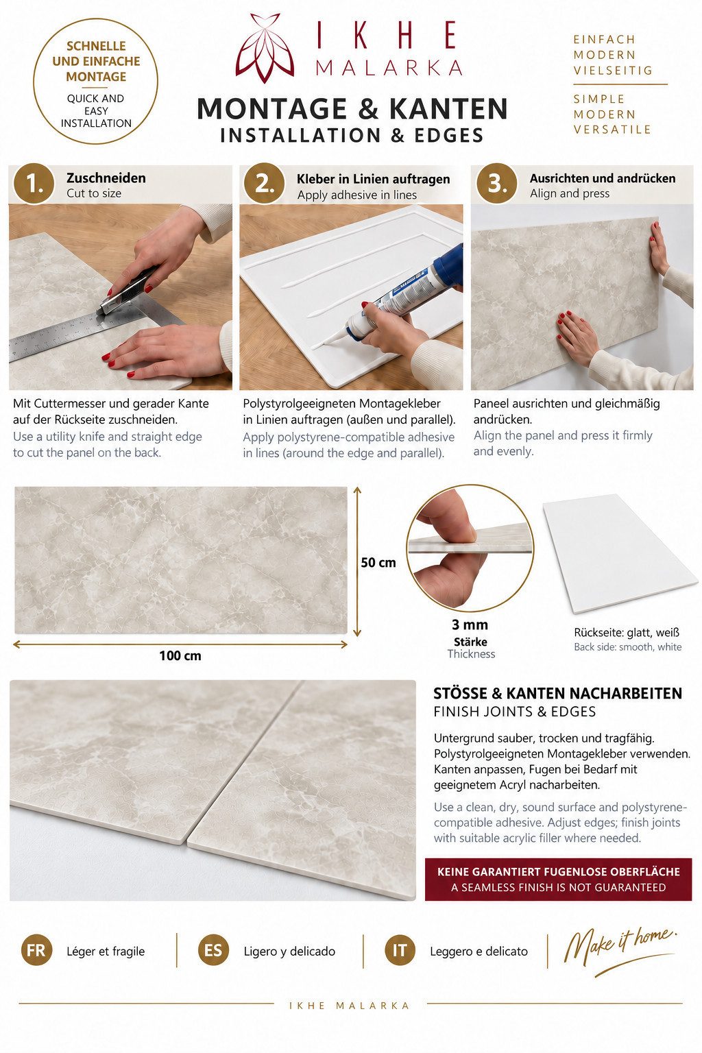 IKHEMalarka 3D Wandpaneel Betonoptik Marmor Ziegel aus Polystyrol Styropor XPS, BxL: 50,00x100,00 cm, 0,50 qm, (1 Stück, 0,5m) Deckenpaneelen - 3mm dick - 100x5 – Bild 5 von 5