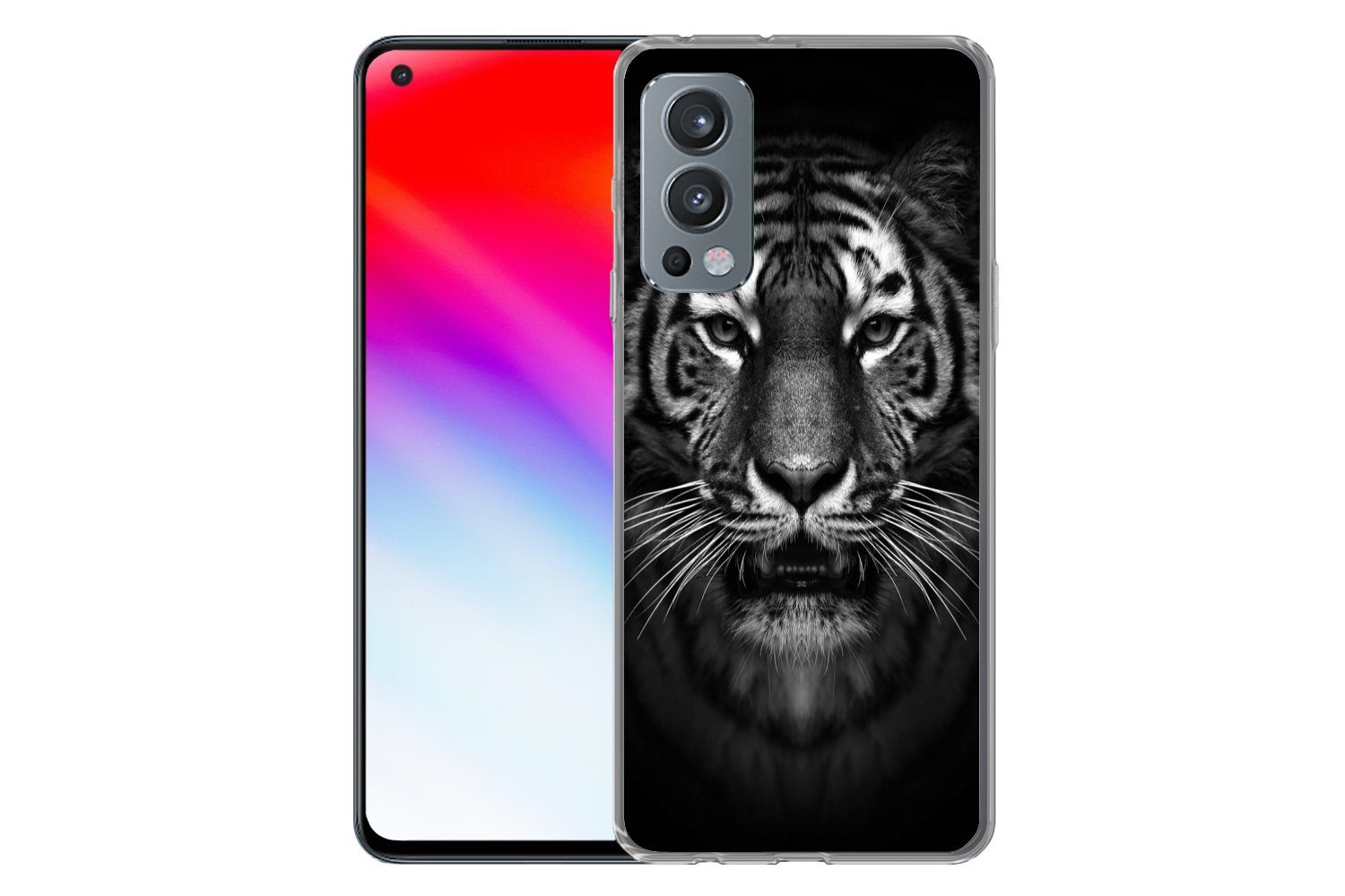 MuchoWow Handyhülle für OnePlus Nord 2 5G Tiger - Tiere - Schwarz - Weiß - Porträt - Wild, Phone Case, Silikon, Schutzhülle Dünn