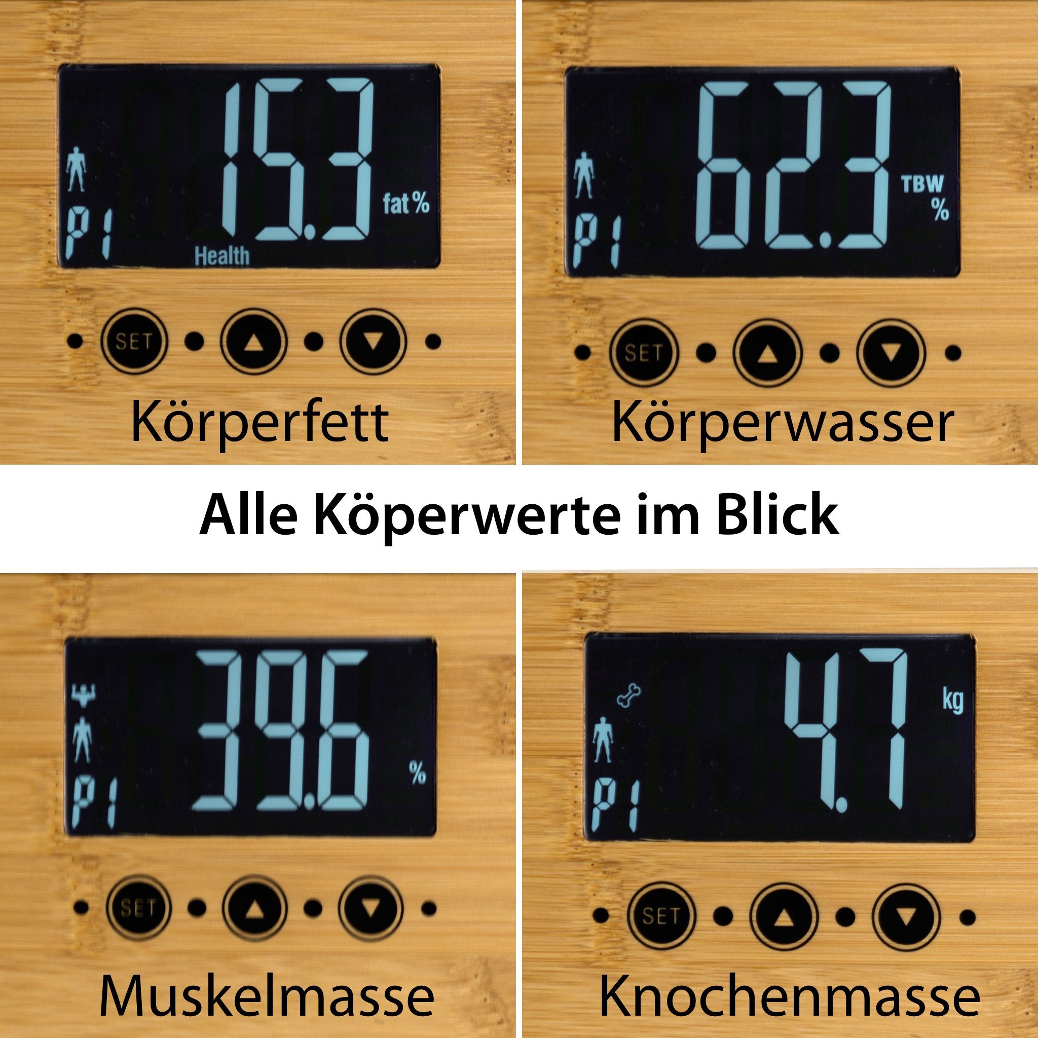 ADE Körper-Analyse-Waage Körperfettwaage mit Wiegefläche aus echtem Bambus, Messung 4 Körperwerte, 10 Speicherplätze, LCD Display, Tap-on-Technik