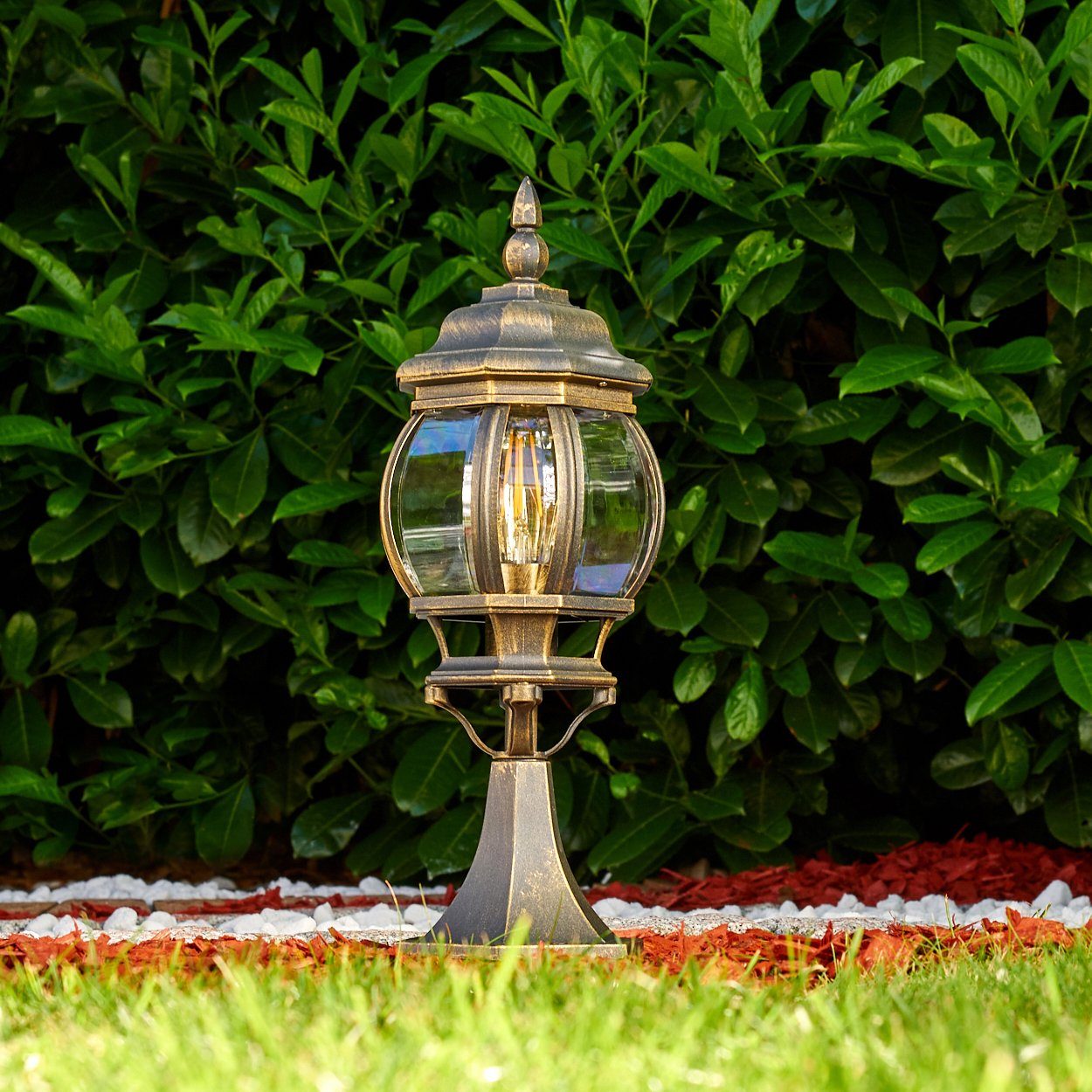 hofstein Pollerleuchte »Meyen« Außenleuchte, Aluguss in Braun/Gold mit Kunststoff-Scheiben, ohne Leuchtmittel, Wegeleuchte 50cm, Retro/Vintage Gartenlampe, E27, IP44 in antikem Look