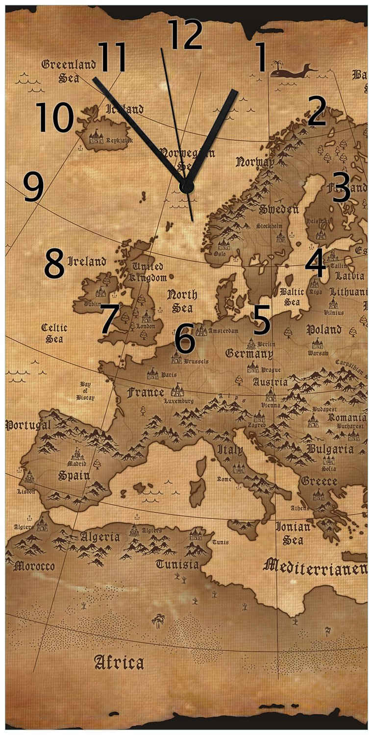Wallario Wanduhr Alte Weltkarte Karte von Europa in englisch (Uhr aus Acryl)