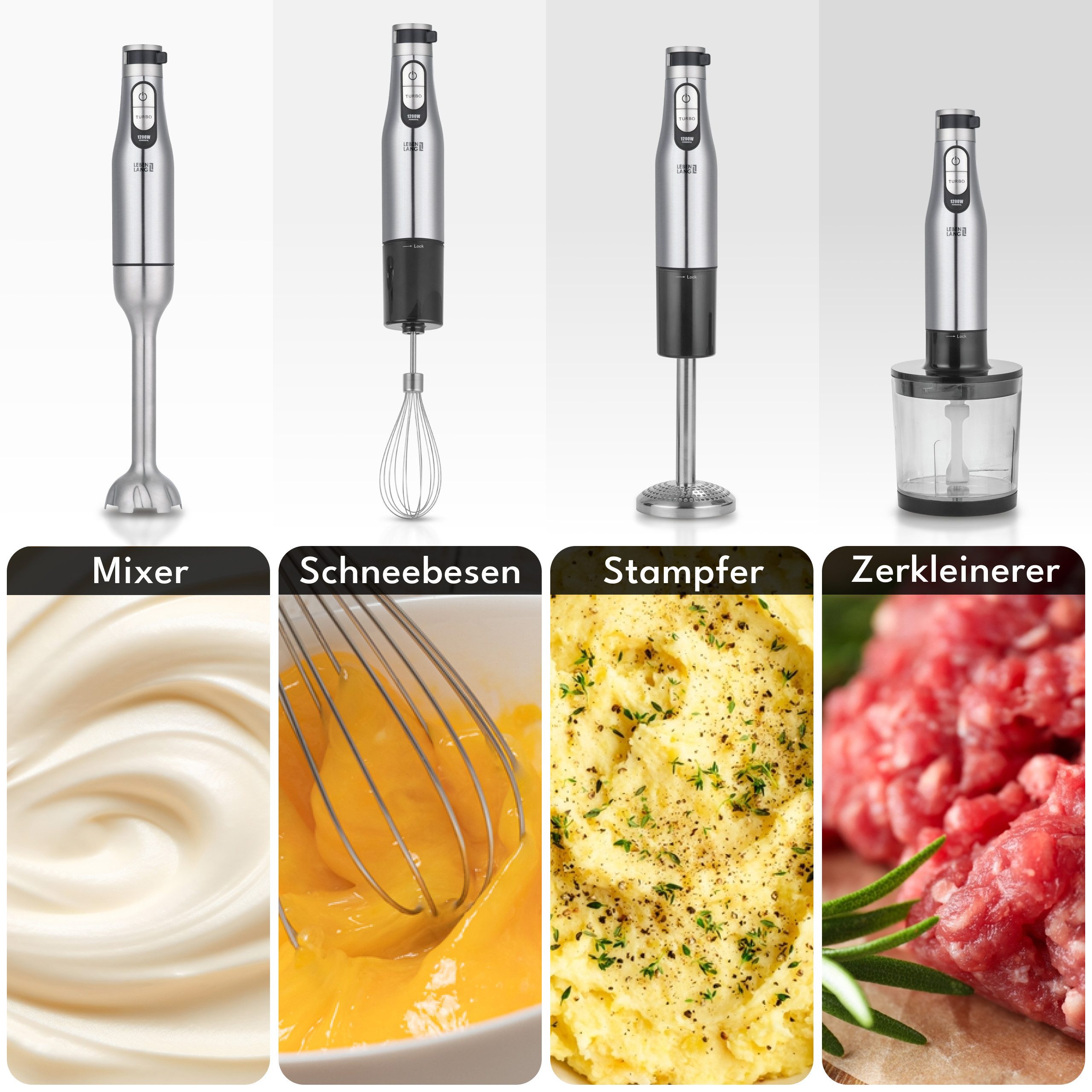 Lebenlang Stabmixer Premium Set aus Edelstahl - Stufenlos verstellbar & Inkl. Aufsätze, 1200 W, Hand Blender Set mit Einhandbedienung, Allrounder in der Küche