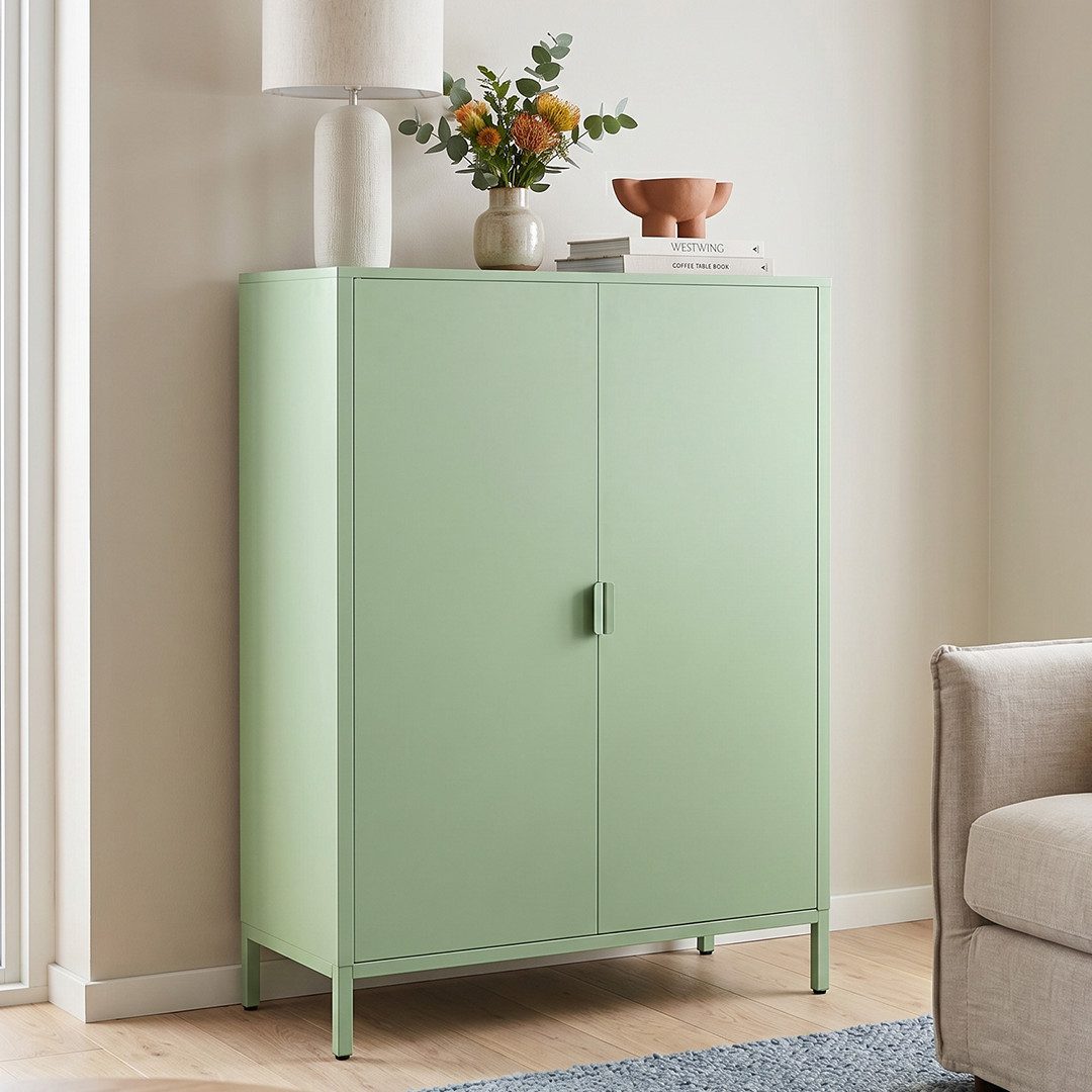 skølm Kommode Ituri aus Metall (Mintgrün), Highboard mit 2 Einlegeböden, höhenverstellbare Füße