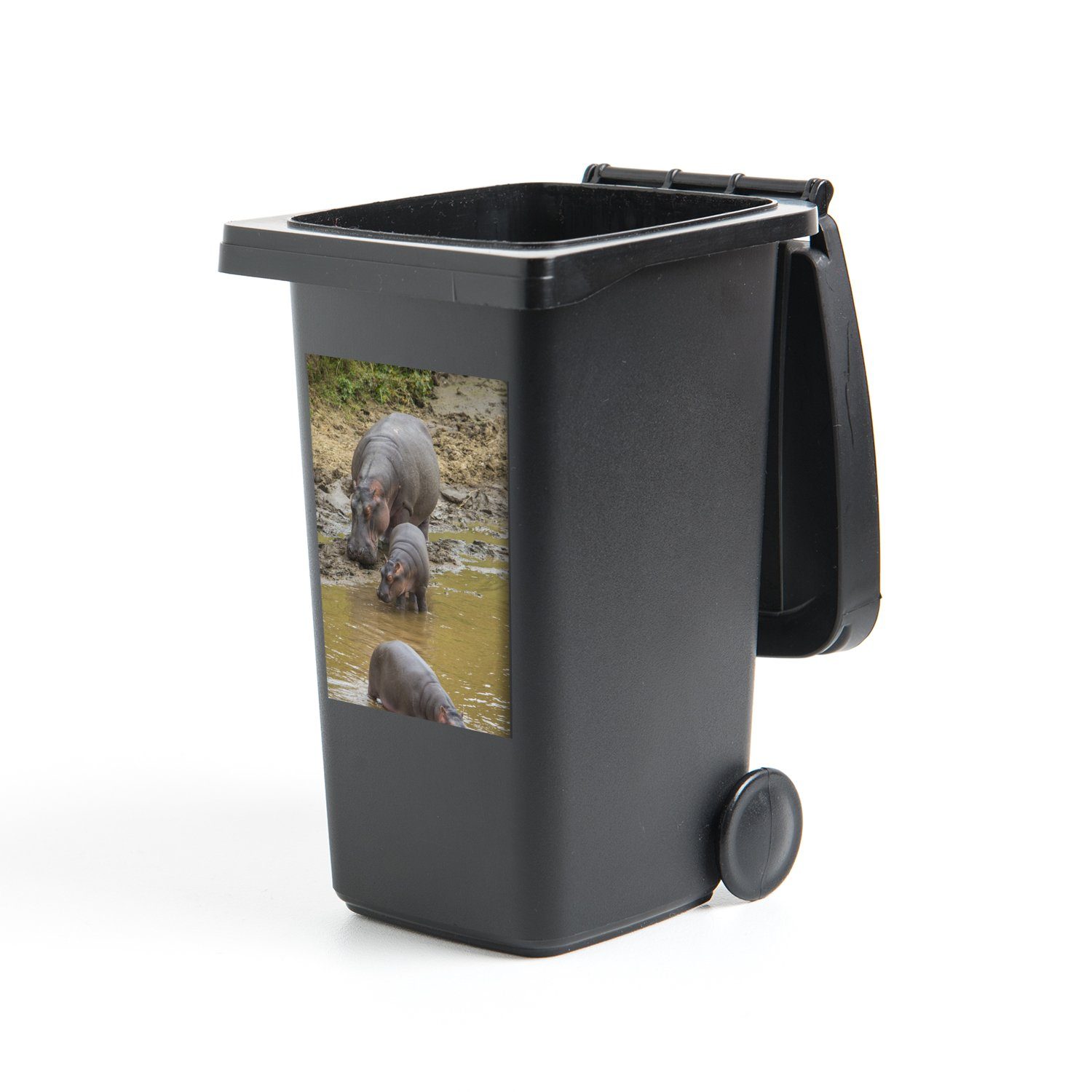 MuchoWow Wandsticker Nilpferd mit seinen Kälbern im Wasser (1 St), Mülleimer-aufkleber, Mülltonne, Sticker, Container, Abfalbehälter
