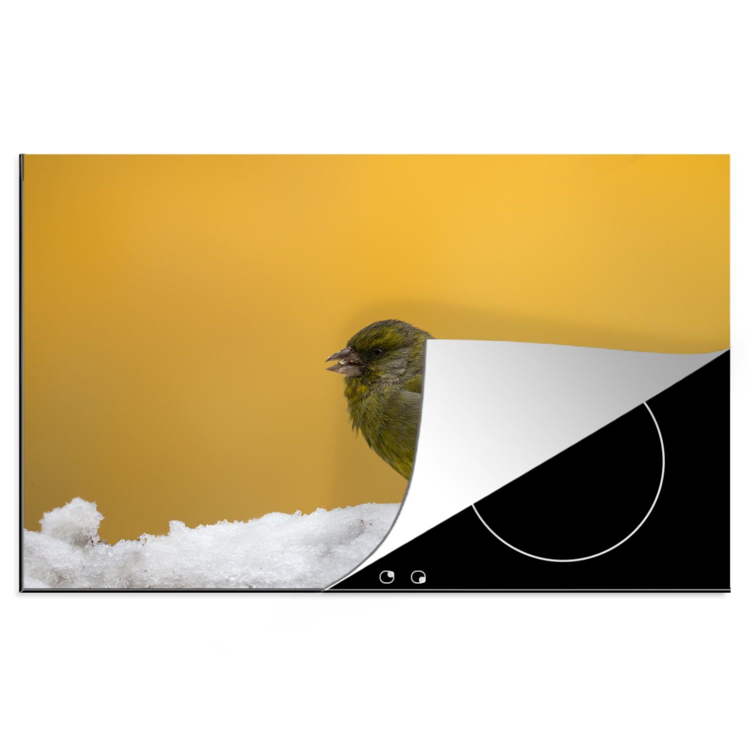 MuchoWow Herdblende-/Abdeckplatte Ein dunkler Fink auf gelbem Hintergrund, Vinyl, (1 tlg), 81x52 cm, Induktionskochfeld Schutz für die küche, Ceranfeldabdeckung