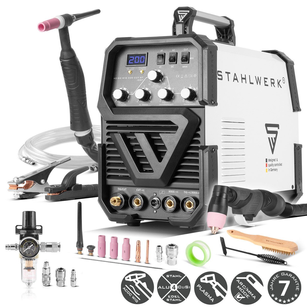 STAHLWERK Inverterschweißgerät AC/DC WIG 200 CUT ST mit Plasmaschneider und MMA, 10 - 200 A, Packung}, 12-tlg., Einzelgerät, Kombi Schweißgerät