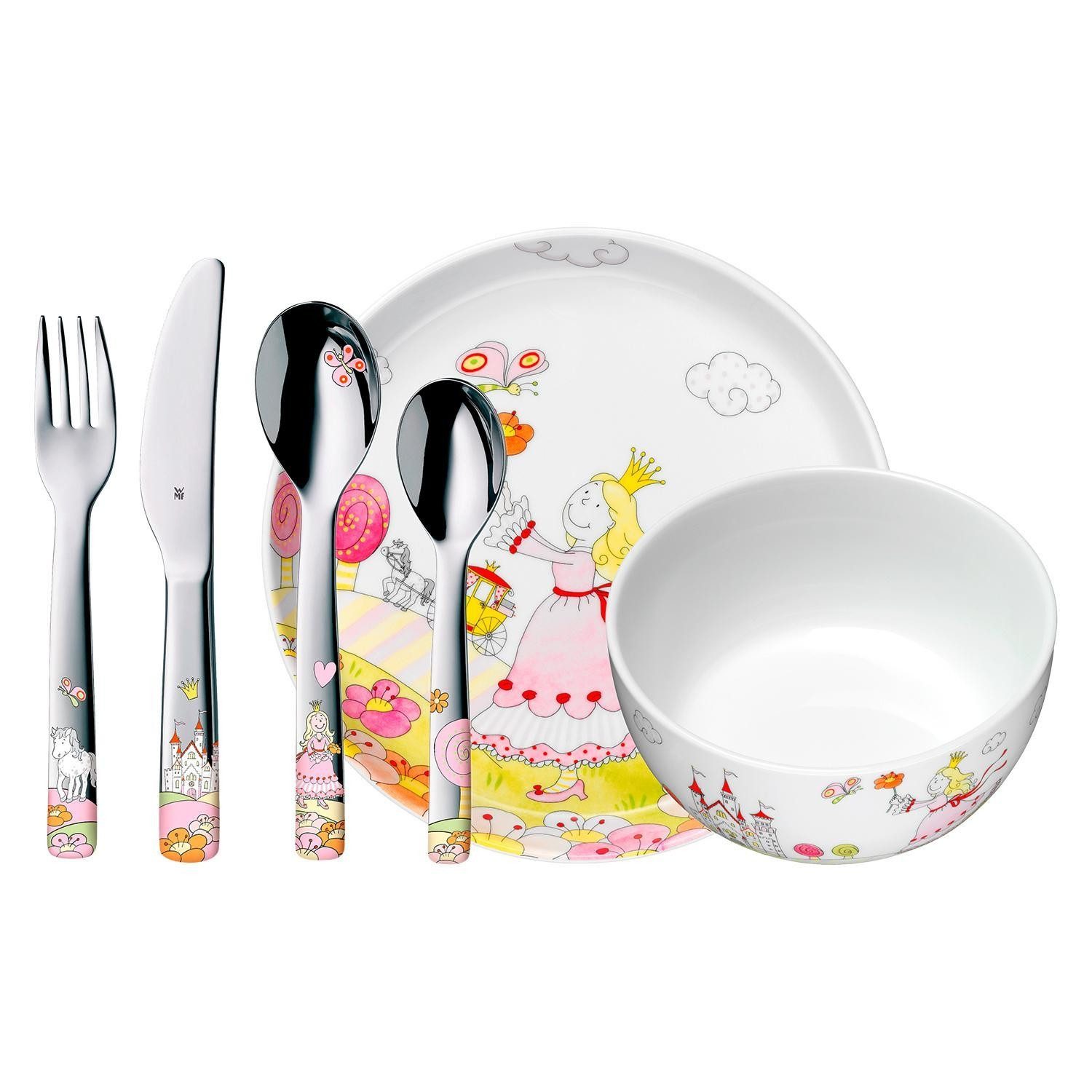 WMF Besteck-Set mit Teller und Schale PRINZESSIN ANNELI, (6-tlg), 1 Personen, Edelstahl 18/10, Porzellan, poliert, Porzellan, spülmaschinengeeignet