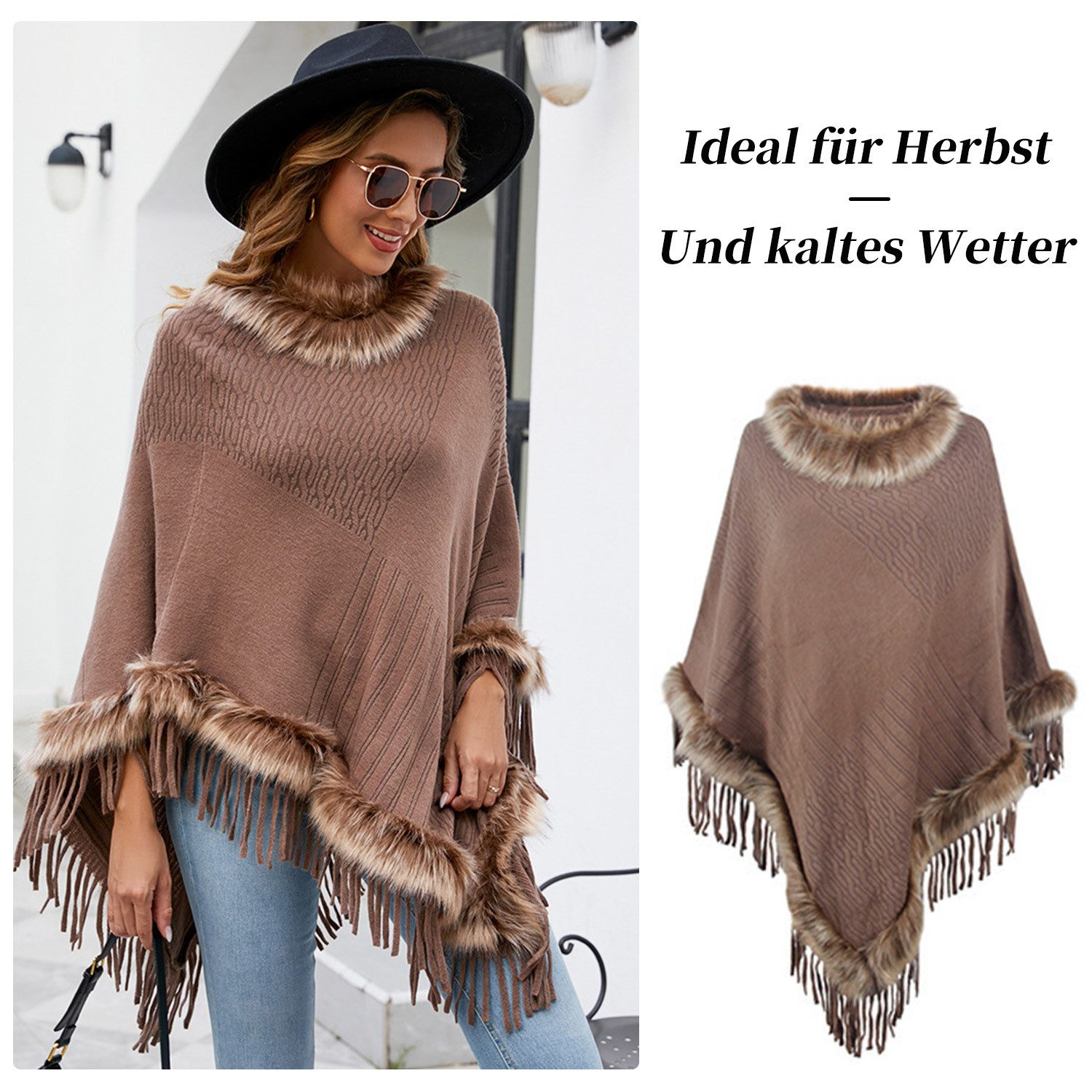 Refttenw Poncho Poncho mit Fransen,Warmer Winterponcho,Kunstfellkragen Wickelschal