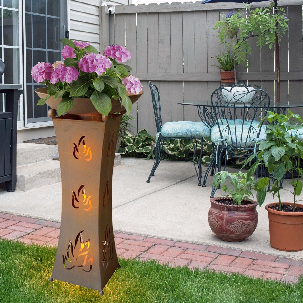 Harms Import LED Außen-Stehlampe, LED-Leuchtmittel fest verbaut, Pflanzschale mit Ständer Außen Pflanzsäule mit Schale Rost