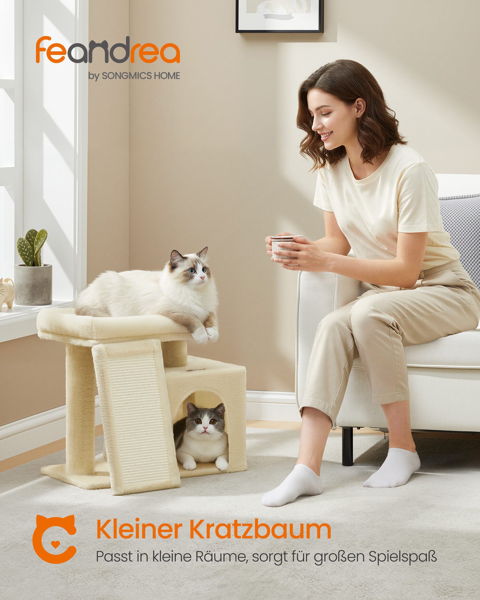 FEANDREA Kratzbaum Katzenbaum, Kratzsäulen und Rampe, mit Plattformen, Höhle, Korb und Plüschbällen
