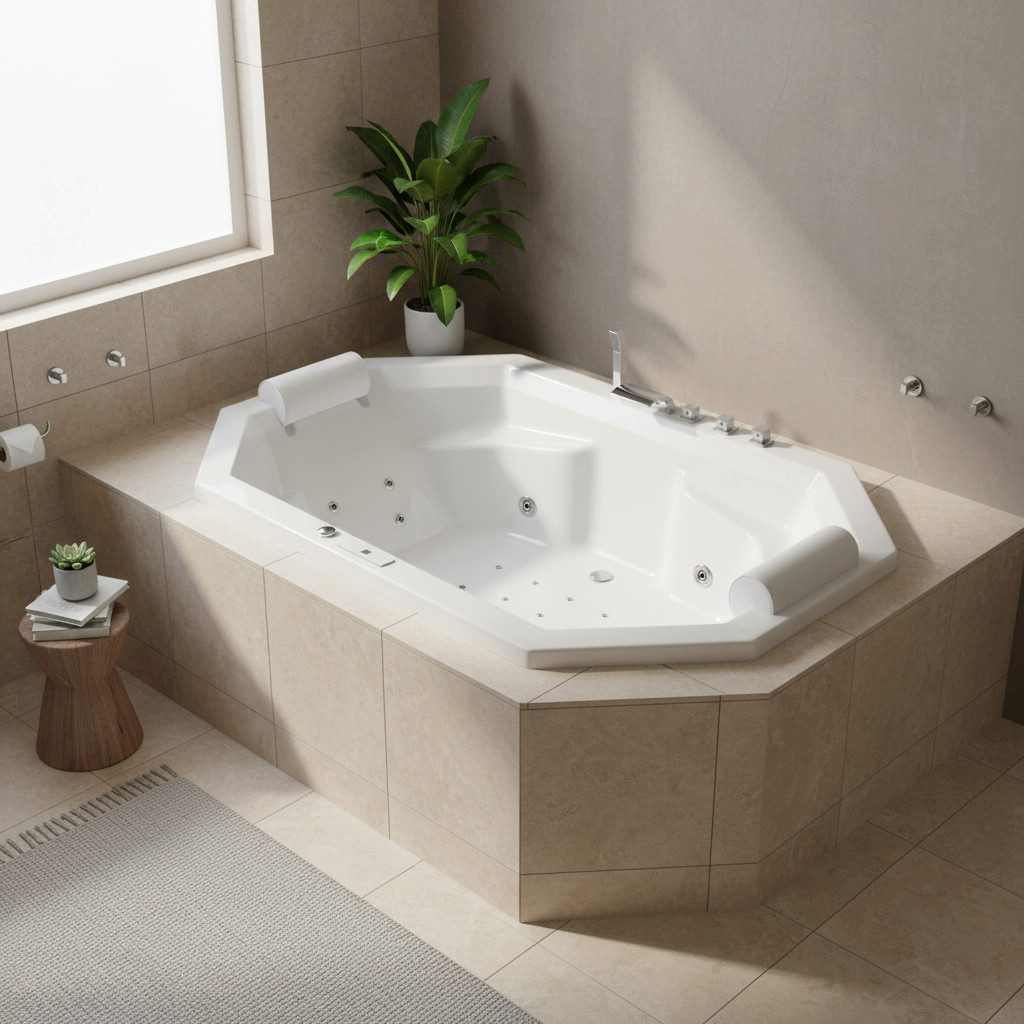 Caribia Whirlpool-Badewanne Barbados Basic / 200x115 - 12 Düsen LED, Wasserfall, 2 Personen