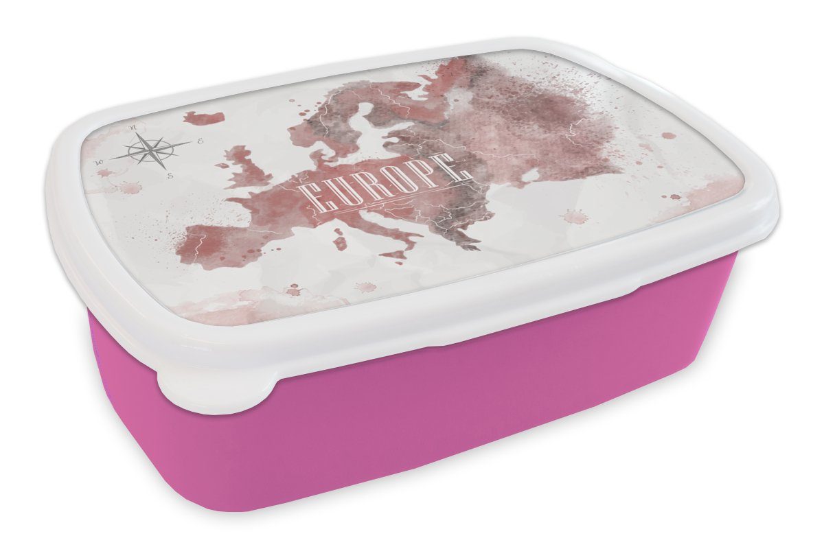 MuchoWow Lunchbox Karte - Europa - Aquarell - Kompass, Kunststoff, (2-tlg), Brotbox für Erwachsene, Brotdose Kinder, Snackbox, Mädchen, Kunststoff rosa