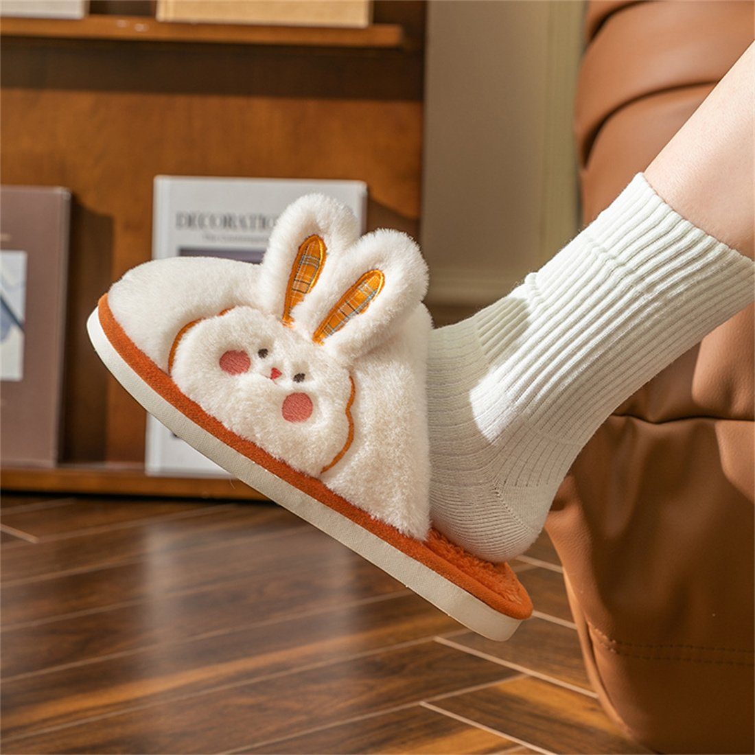 Frauen Plüsch Baumwolle Hausschuhe orange rutschfeste Kaninchen Schuhe. Plüsch DÖRÖY Hausschuhe,warme