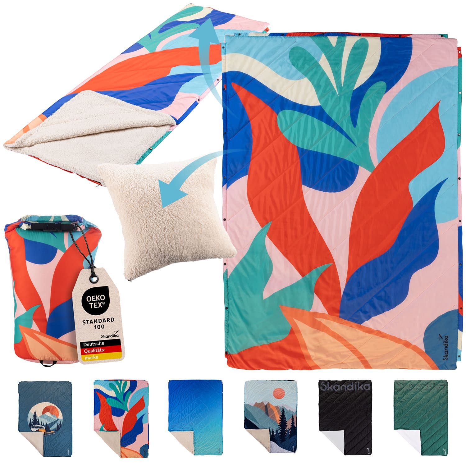 Skandika Deckenschlafsack Campingdecke Liva, 4-in-1, Outdoor Decke, 200x135cm, Überwurf, Kissen, mit Teddyfell Unterseite, Polyester, wasserdicht