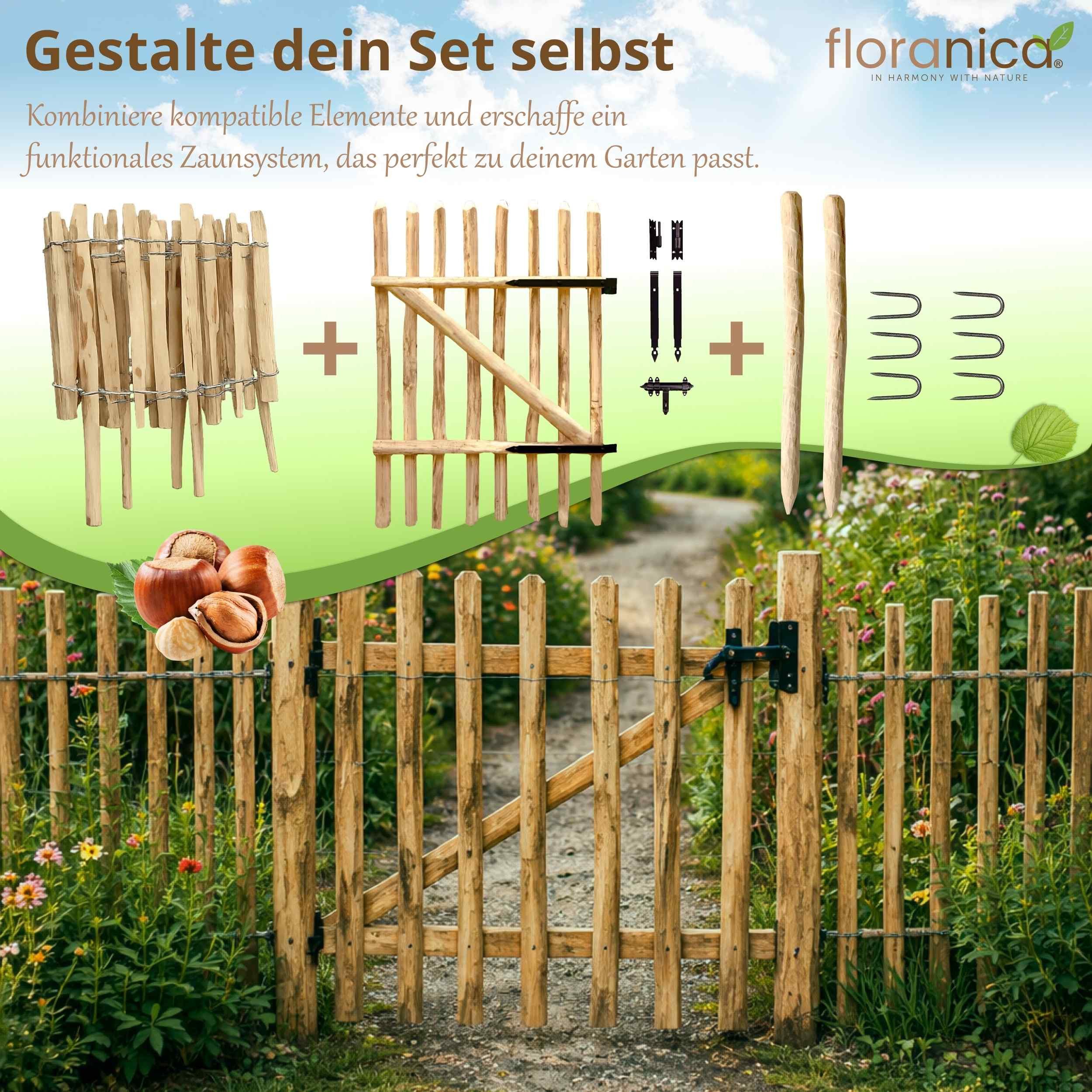 Floranica Staketenzaun Staketenzaun mit Pfosten Stekzaun Holzzaun Gartenzaun aus Haselnuss, (L / H 100 x 35 cm, 1-St., Lattenabstand 4-6 cm), Teichumrandung Grundstücksumrandung Beeteinfassung Bauerngarten