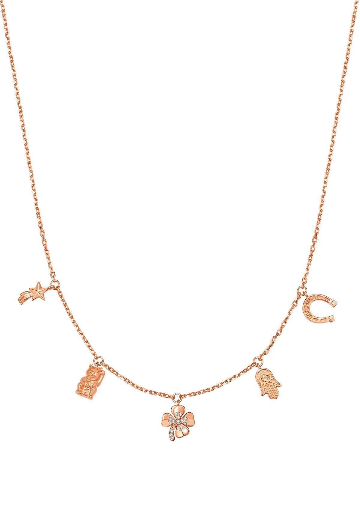Charm-Kette Glücksanhänger, Glückskatze Kleeblatt Hufeisen
