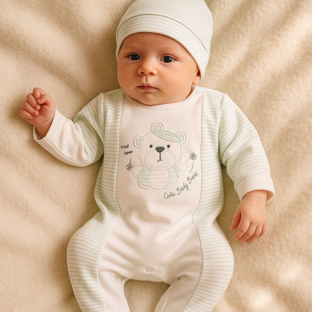 Strampler Baby Strampler mit Fuß + Mütze, 100% Baumwolle, Jungen + Mädchen