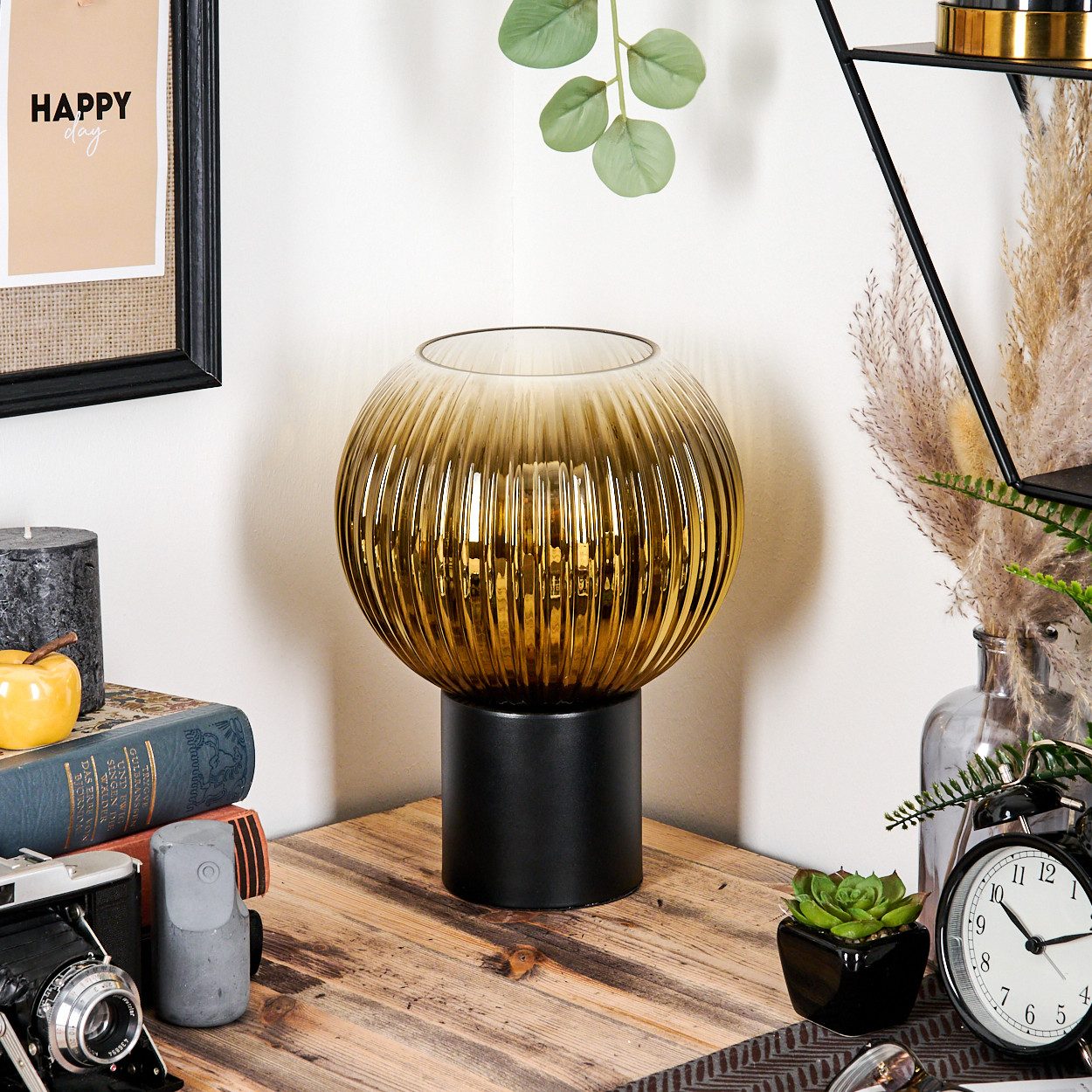 hofstein Tischleuchte Tischlampe aus Metall/Riffelglas in Schwarz/Goldfarben/Klar, ohne Leuchtmittel, Leuchte im Retro/Vintage-Design mit Glasschirm (20 cm), 1 x E27
