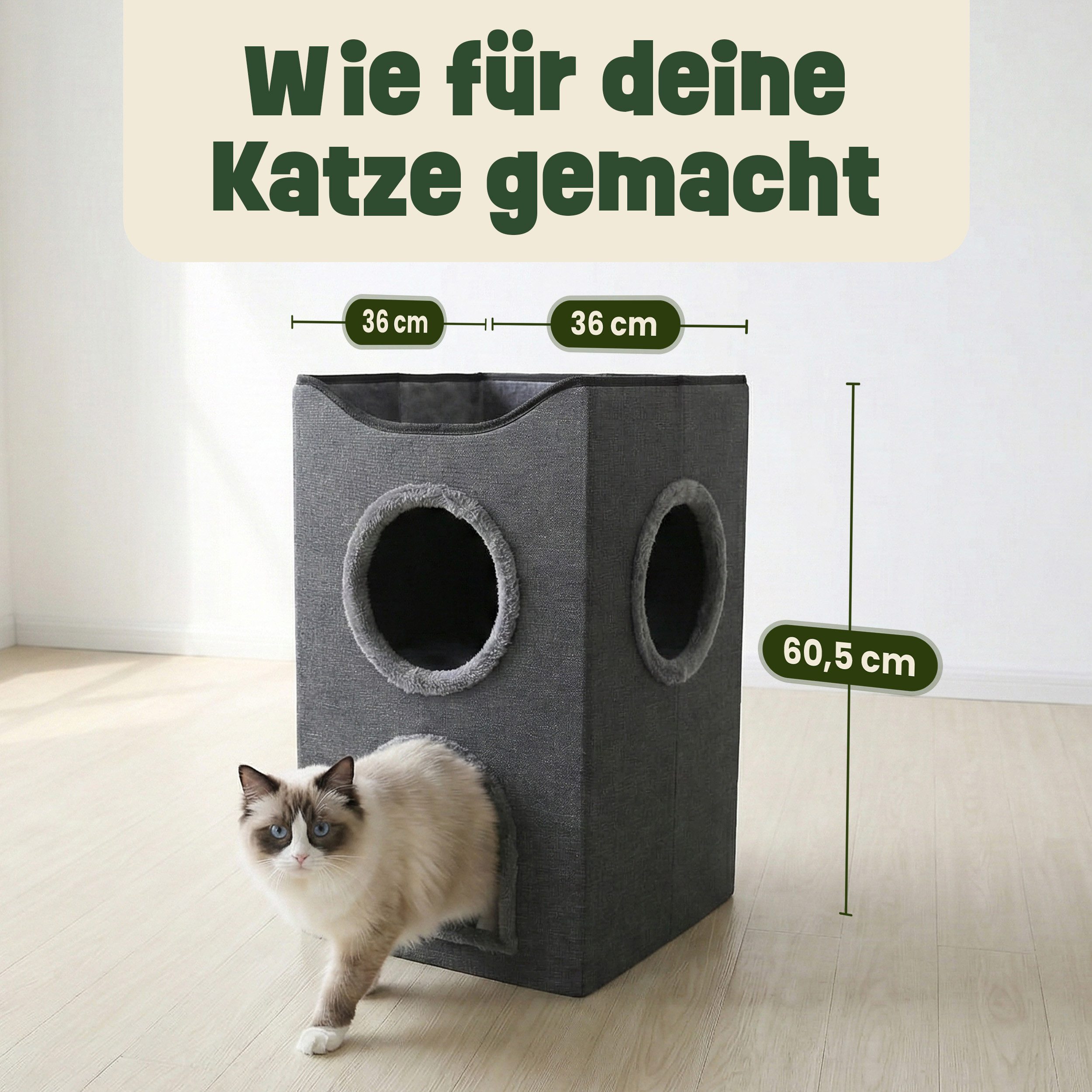 Zooprinz Katzenhaus Katzenhöhle Kira, Liegefläche, Wendekissen, faltbar, zweistöckig, 36 × 36 × 60,5 cm, Anti-Rutsch-Boden, Leinenstoff, Grau