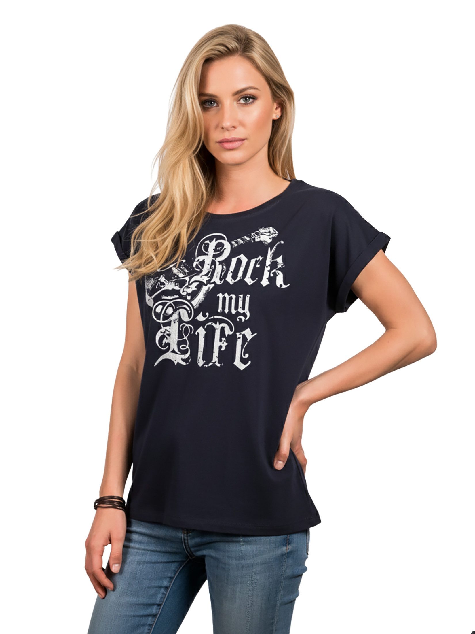 MAKAYA Print-Shirt Ausgefallene T-Shirts Damen lässige Oberteile Top Gitarrenmotiv Tunika (Rock Band Motiv, schwarz, grau, rosa, blau) große Größen