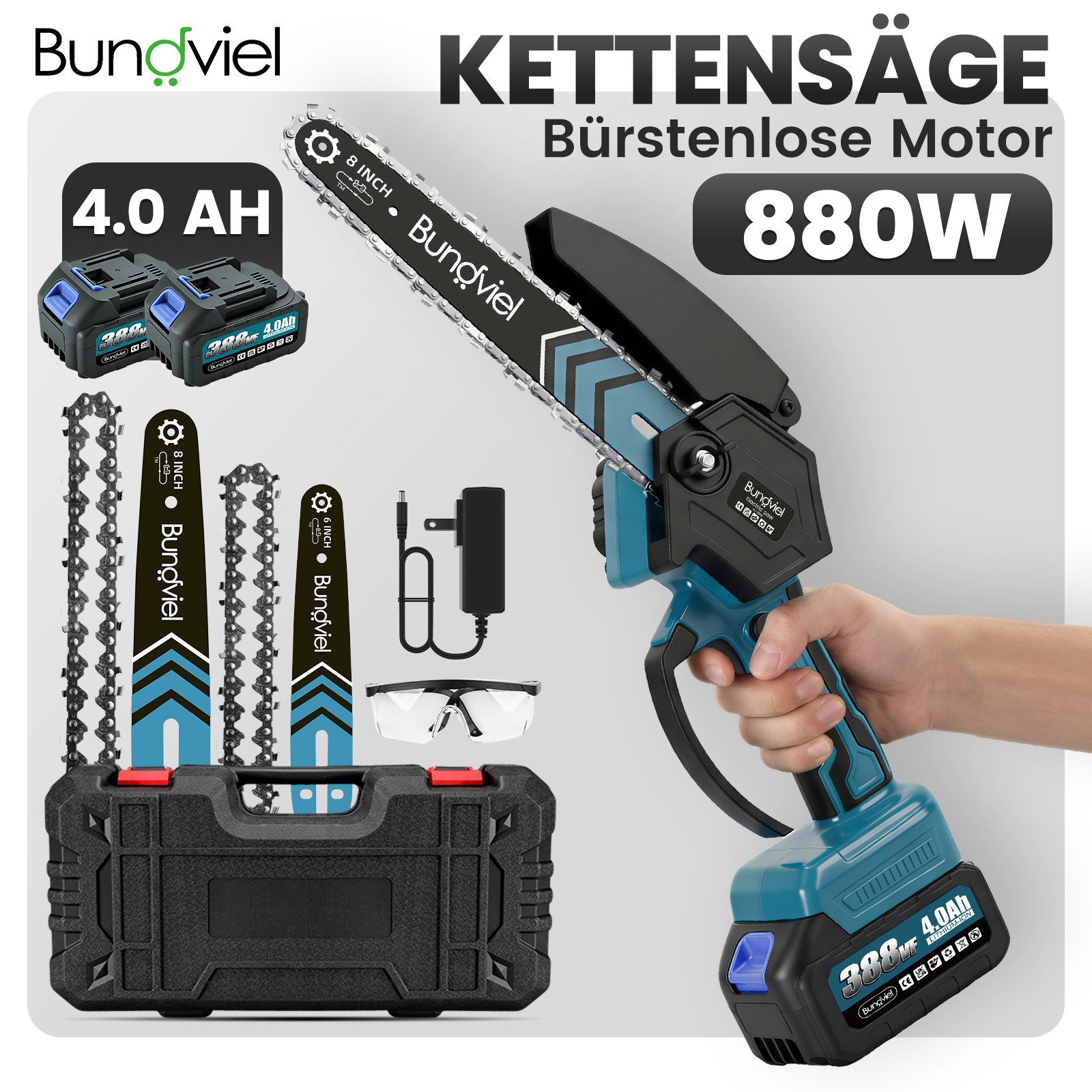 Bundviel Akku-Kettensäge 8 Zoll + 6 Zoll Elektro Mini Kettensäge mit 2x 4.0Ah Akkus, Mehrfacher Sicherheitsschutz, für Garten Holz und Astscheren