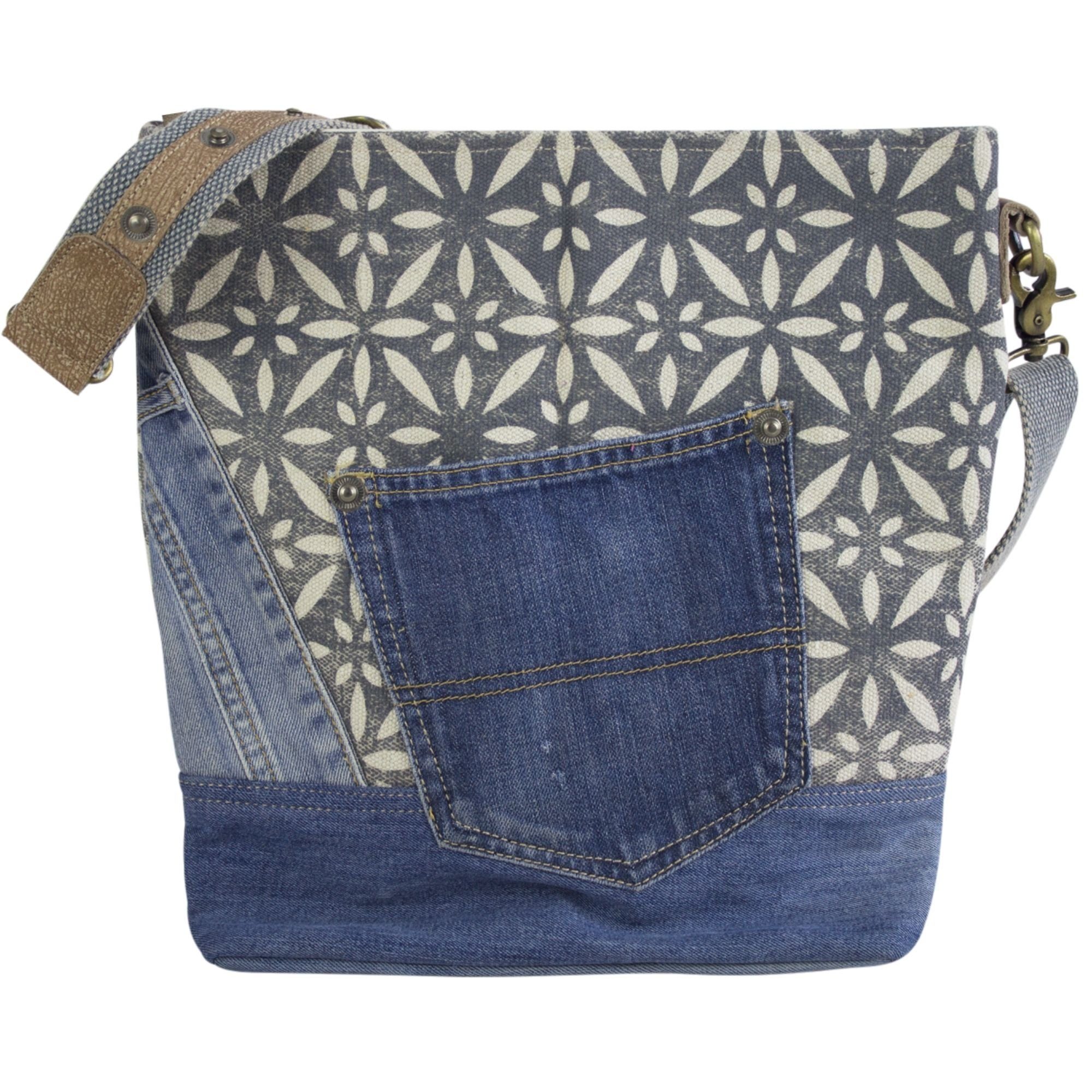 Sunsa Umhängetasche 52302 Upcycling Tasche aus Jeans Schultertasche, echt Leder, Upcycling Jeans, abnehmbarer Schultergurt