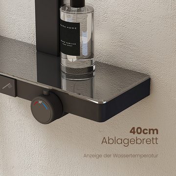 EMKE Duschsystem Brausegarnitur mit Thermostat Bluetooth-Steuerung Entwässerung, Höhe 113 cm, 4 Strahlart(en), Regendusche, Kinderdusche, Bluetooth, Schwarz