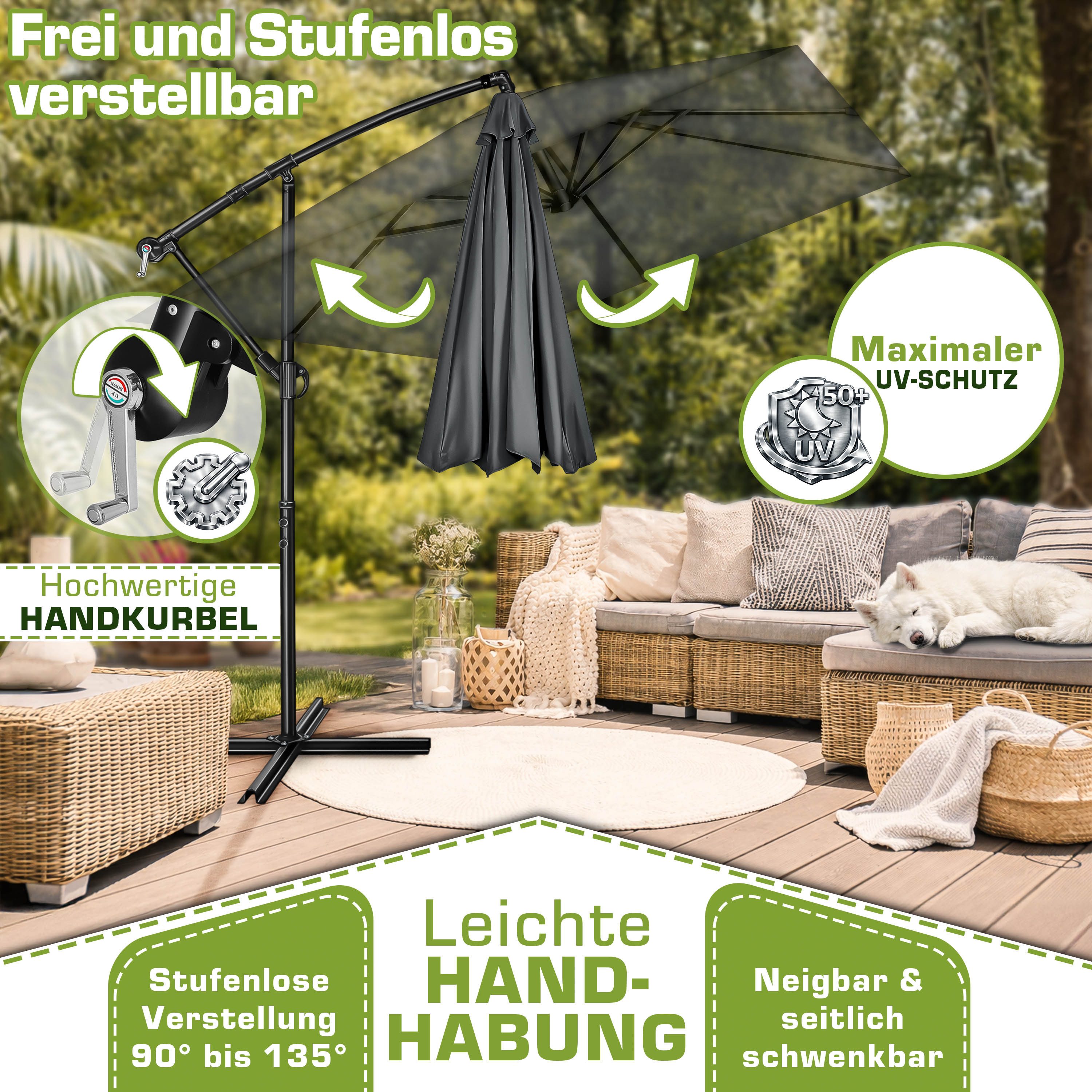 tillvex Sonnenschirm tillvex® Sonnenschirm eckig 235 x 235 cm Ampelschirm Gartenschirm, Kurbelschirm Marktschirm wasserdicht 360° drehbar, mit Kurbel & Windschu – Bild 3 von 5