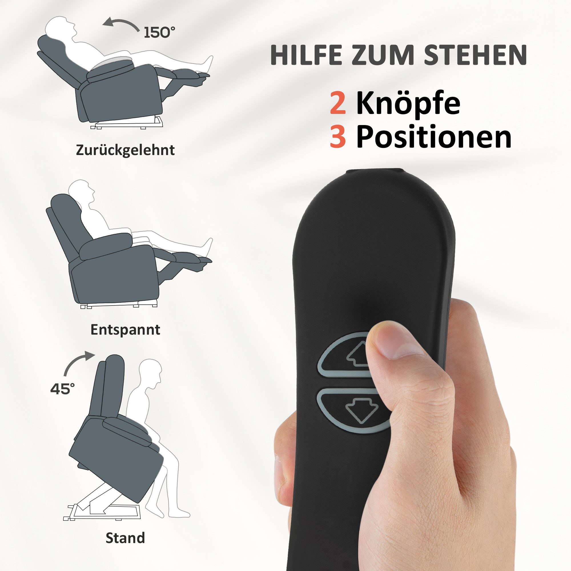 HOMCOM Relaxsessel Fernsehsessel mit Aufstehhilfe, Elektrisch Relaxsessel (Relaxsessel, 1-St., TV-Sessel), für Wohnzimmer, Samt, Grau – Bild 4 von 5