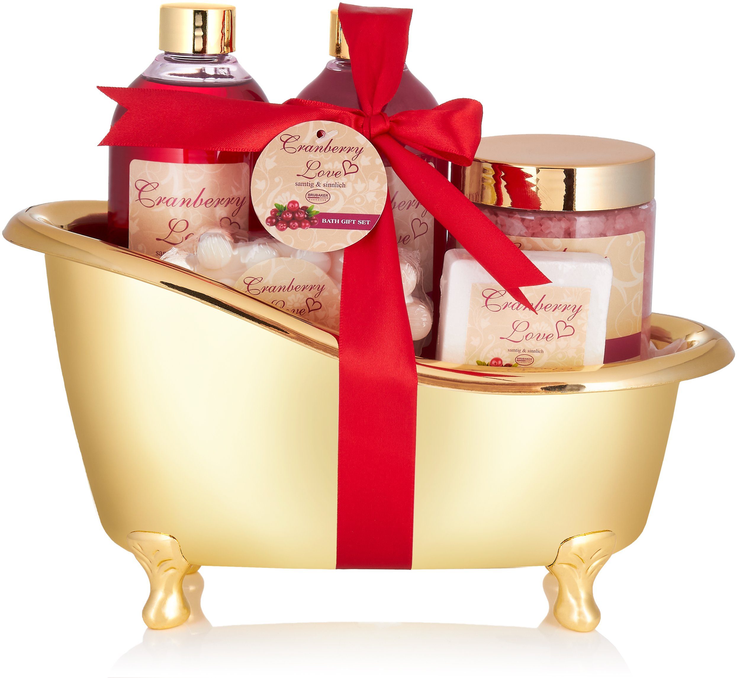 BRUBAKER Hautreinigungs-Set Bade- und Dusch Frauen Beauty mit Badewanne, 6-tlg., mit Damen Cranberry Set, Geschenkset Duft Wellness Deko Badeset