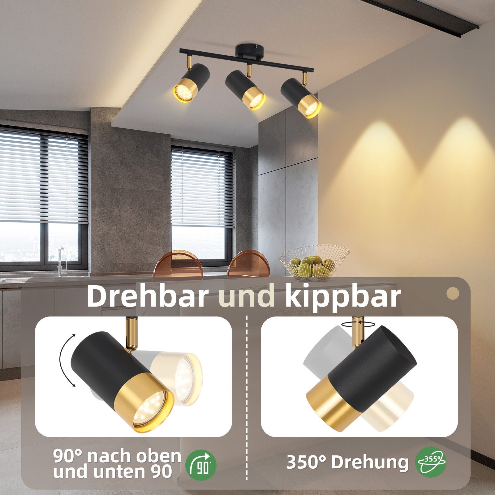 ZMH Deckenstrahler 2/3/4 Flammig-GU10 Schwarz-Gold Modern Deckenlampe für Wohnzimmer, Einfache Installation, ohne Leuchtmittel