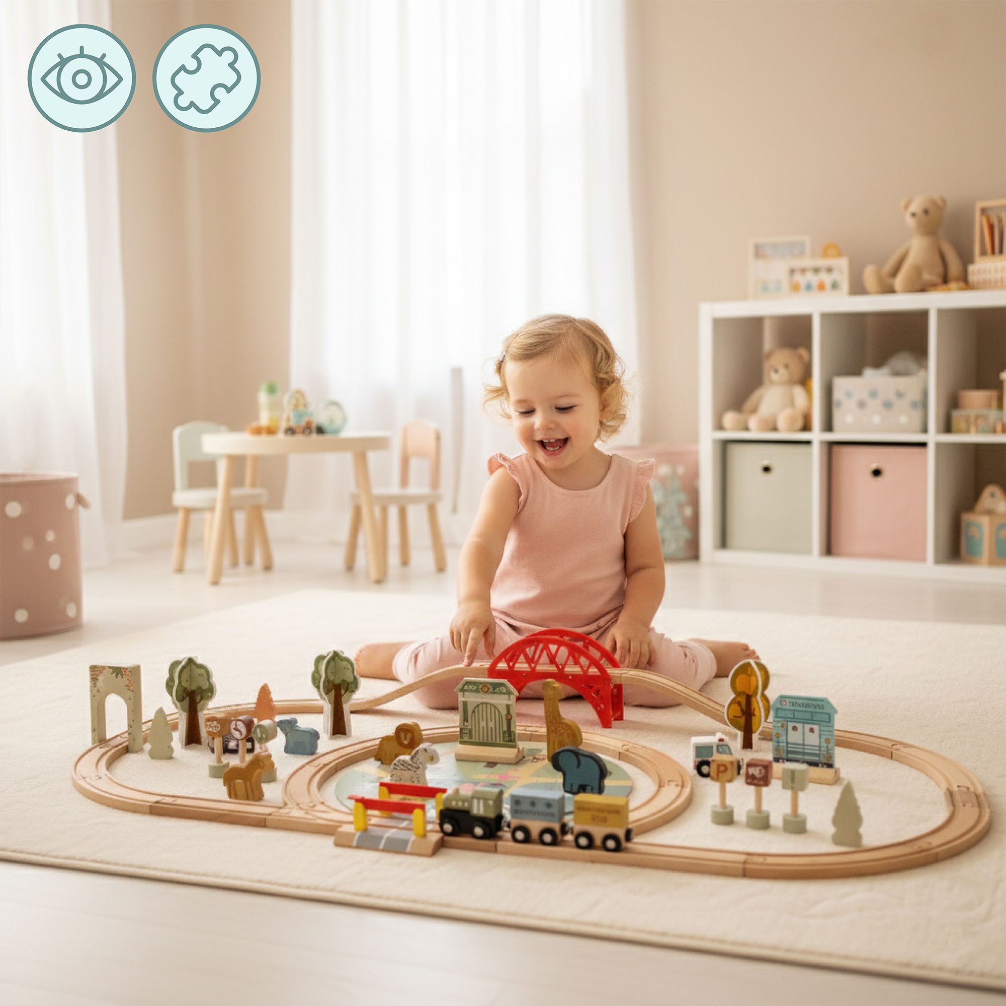 Mamabrum Spielzeug-Eisenbahn Holz-Zoo-Eisenbahnset – Puzzle-Matte, Tiere, Brücke & Schranke