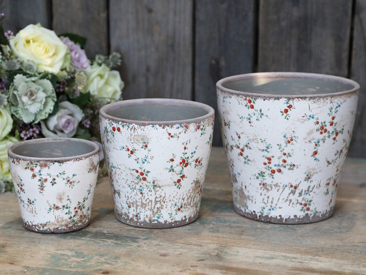 Chic Antique Blumentopf Tulle Pflanztopf Übertopf Keramik glasiert florales Muster Creme, Zartes Streublumen Muster für französischen Landhausstil