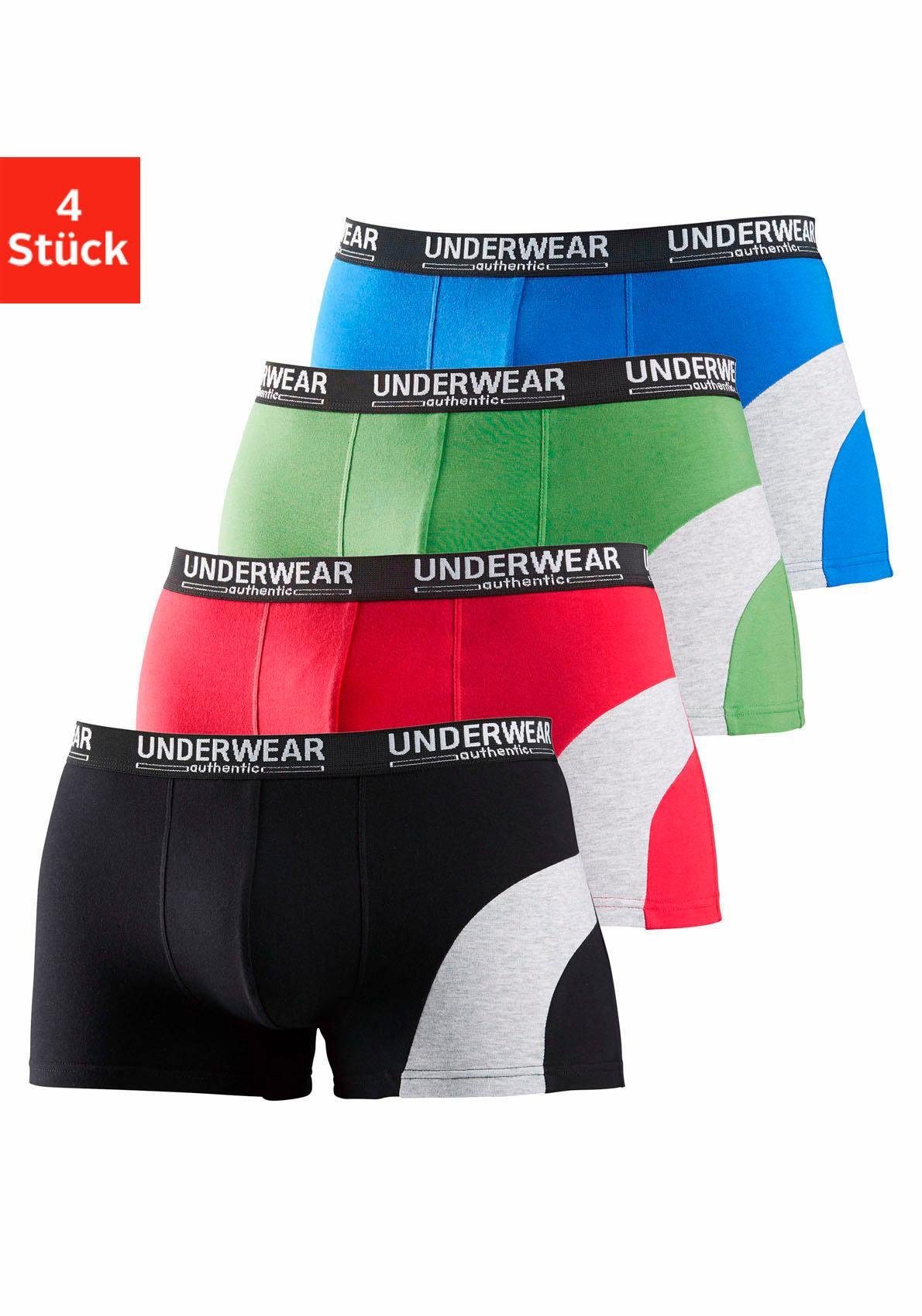 AUTHENTIC UNDERWEAR Boxer (Packung, 4-St) mit kontrastfarbenen Einsatz schwarz, rot, grün, blau