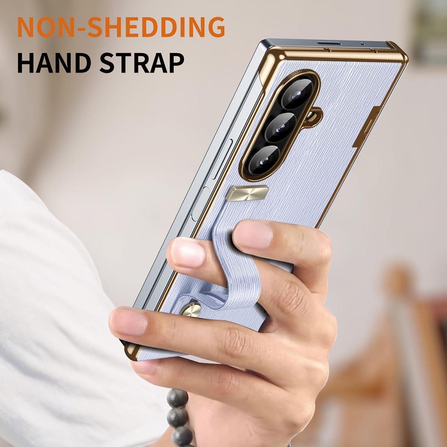 Wigento Handyhülle Für Samsung Galaxy Z Fold7 Design Leder Hülle mit Handriemen Lila, Leder Hülle mit einziehbarem Handriemen und integriertem Ständer
