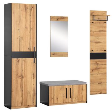 Merax Garderoben-Set Flurgarderoben Set in Wildeiche, (4-St), Kompaktgarderobe mit Spiegel für Ihren Eingangsbereich