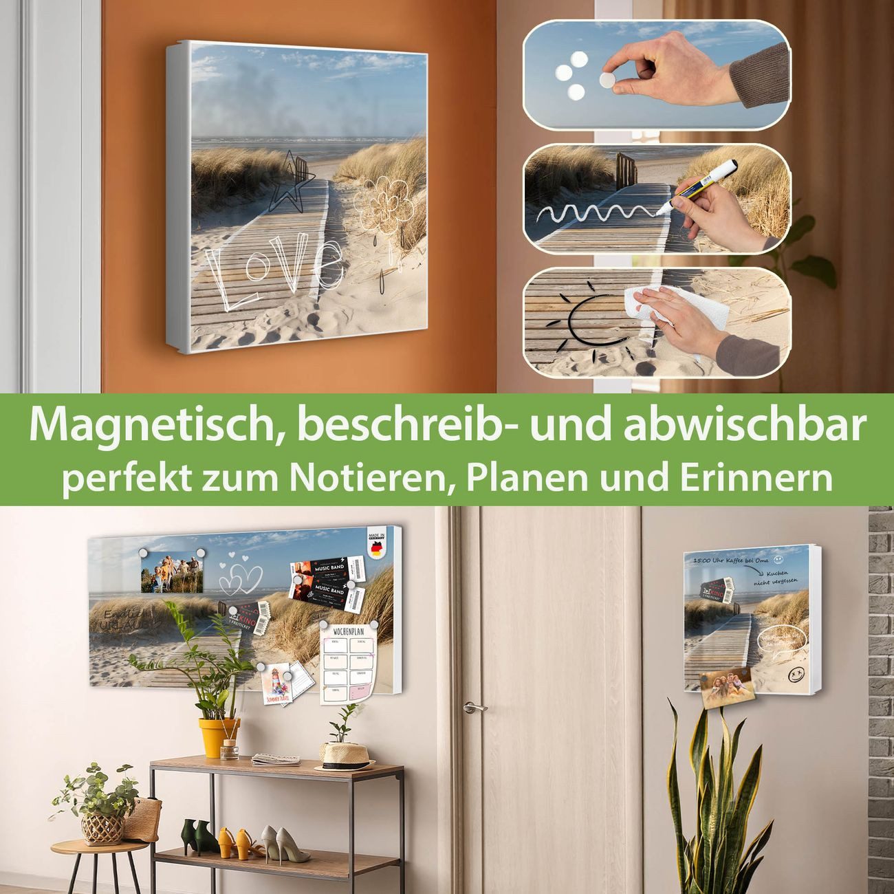 banjado Schlüsselkasten aus Metall mit Motiv Dünen (Stahl Gehäuse, mit 32 Haken, beschreibbar & magnetisch), 30 x 30 x 5 cm