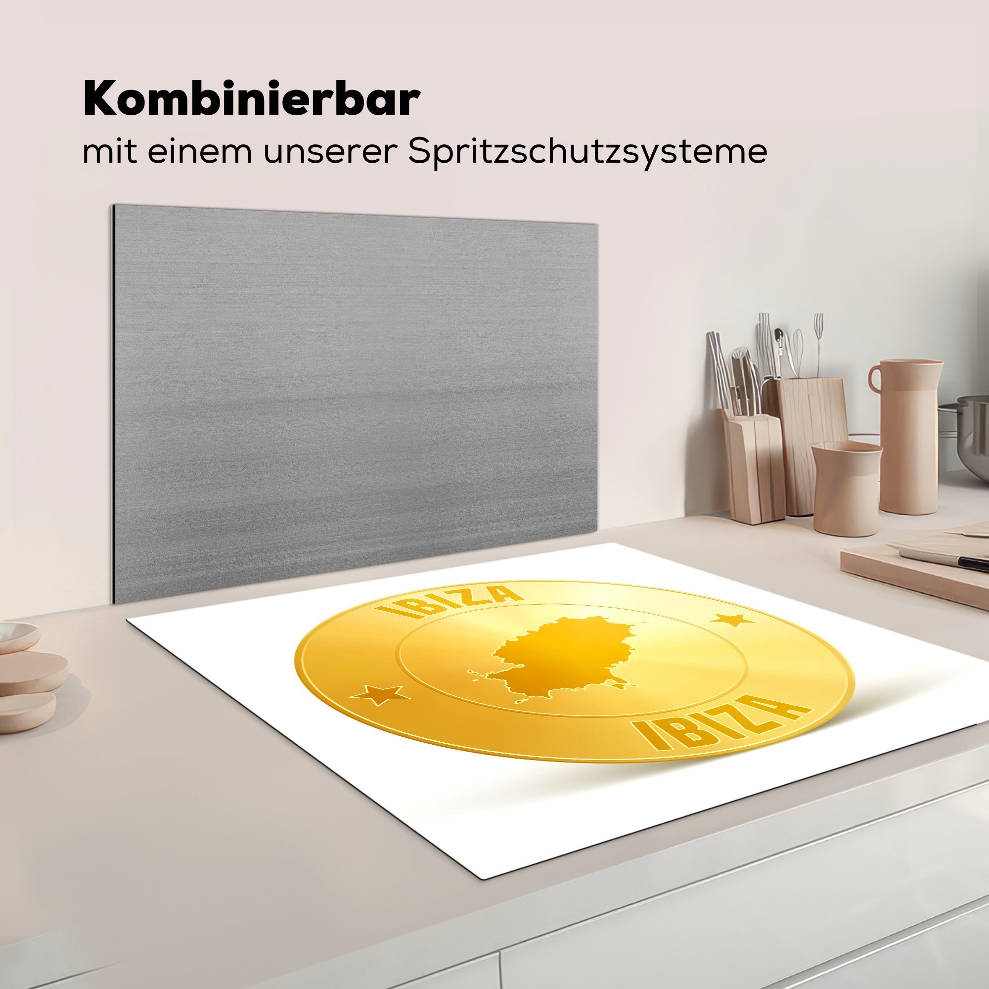 küche für Vinyl, Ibiza, 78x78 (1 MuchoWow tlg), Arbeitsplatte aus Goldmünze cm, einer Ceranfeldabdeckung, Herdblende-/Abdeckplatte Illustration