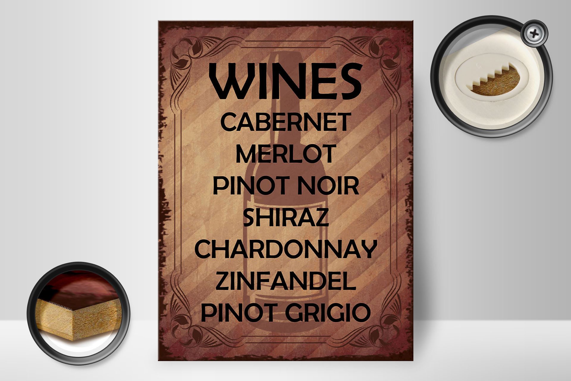 Femer GmbH Holzbild Alkohol 30x40 cm Wines 7 Weinsorten aufgelistet, (1 St), Glatte Holzfaserplatte (MDF), vorn beschichtet