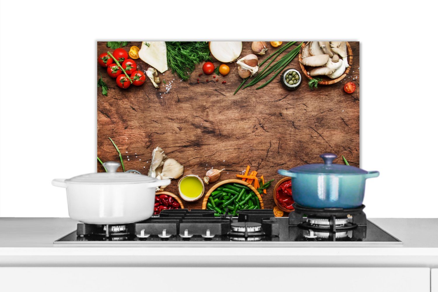 MuchoWow Küchenrückwand Kräuter - Gemüse - Rustikal, (1-tlg), 60x40 cm, Herdblende aus Wandschutz, Temperaturbeständig küchen