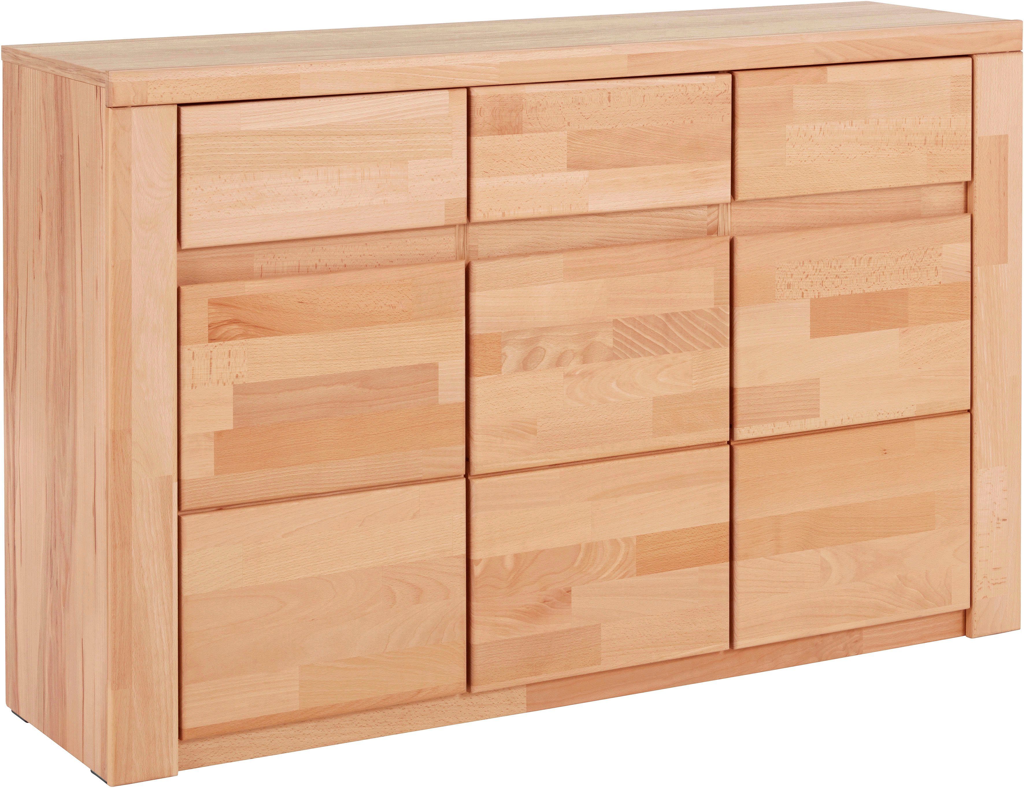 OTTO home Sideboard Burano,127cm breit, Fronten Massivholz,3 Türen,3 Schubladen,6 Fächer, Holz massiv,Holzwerkstoff,Griffmulden,Böden variabel einsetzbar