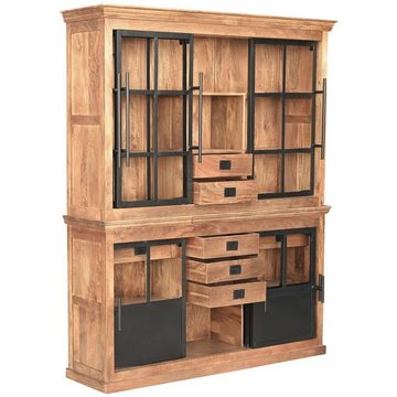 baario Buffet Buffetschrank HOXT Industrial Geschirrschrank 180cm massiv Mangoholz & Eisen Vitrine