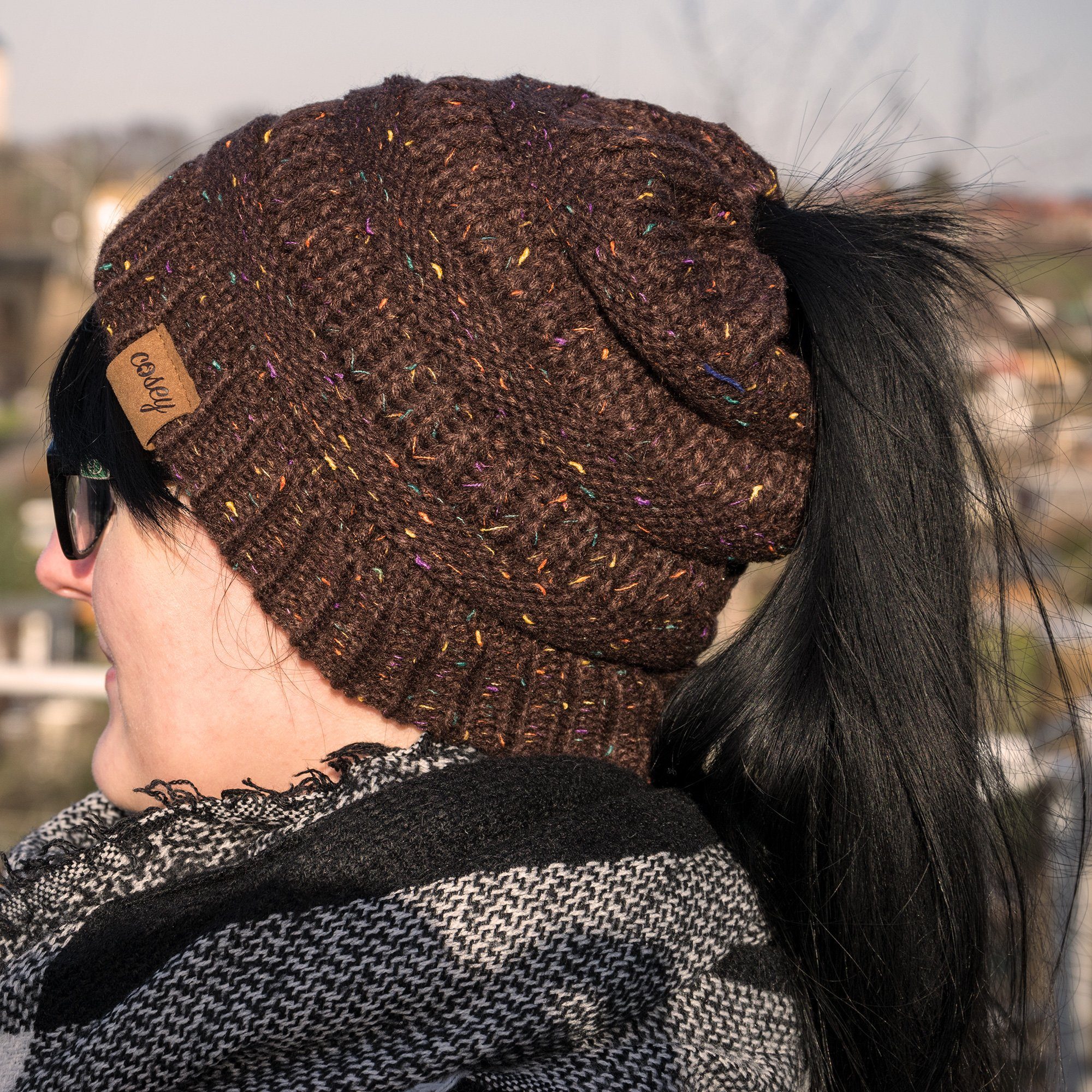 cosey Strickmütze Pferdeschwanz-Mütze mit Zopfloch für Damen und Mädchen (gesprenkelt oder einfarbig)