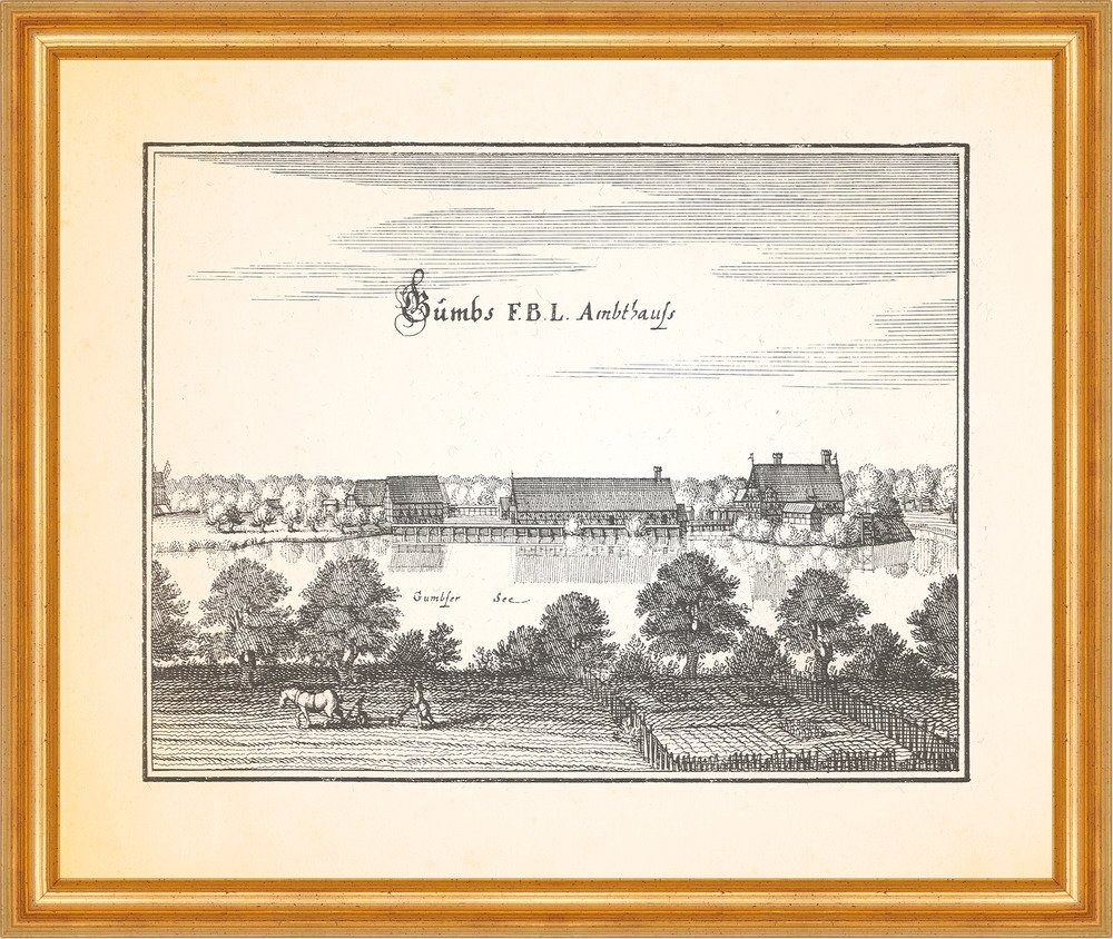 Kunstdruck Gumbs F.B.L Ambtdshauß Gümse Schloss Gümser See Kupferstich Merian 037