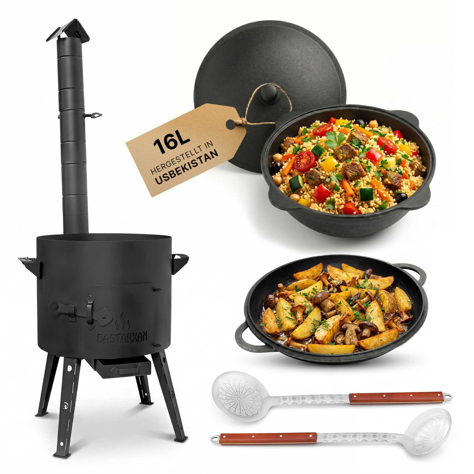 BIG-PAN Feuerstelle Outdoor Kochset Utschak 16L Gusseisen Kazan Dutch Oven komplett Set, (Eintopfofen BBQ Grill Set Outdoor, Campingofen Feldküche), 2mm Stahl mit Abzugsrohr und Aschekasten