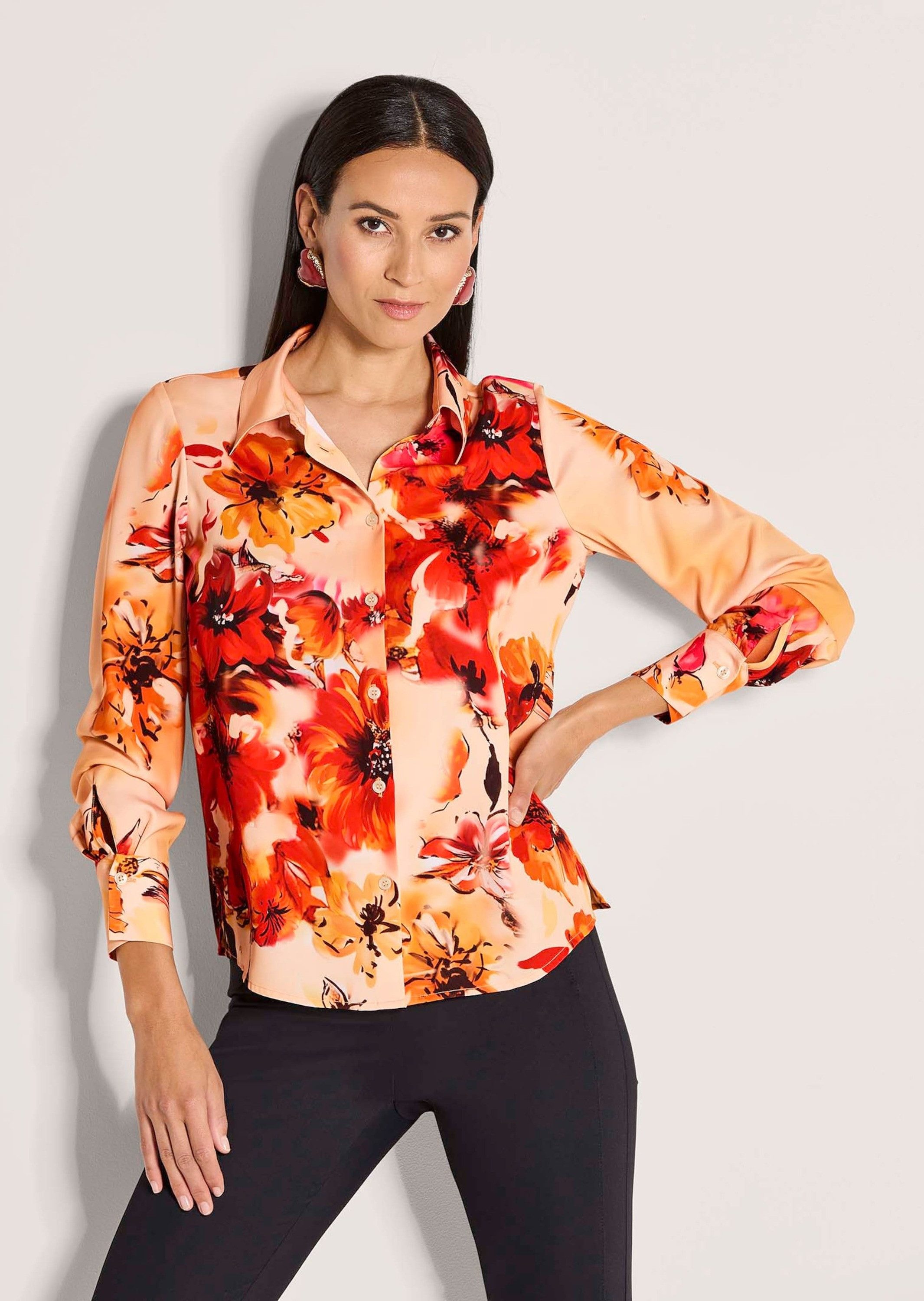 MADELEINE Langarmbluse Elegante Bluse mit Hemdkragen Florales-Muster, Knopfleiste, lange Ärmel