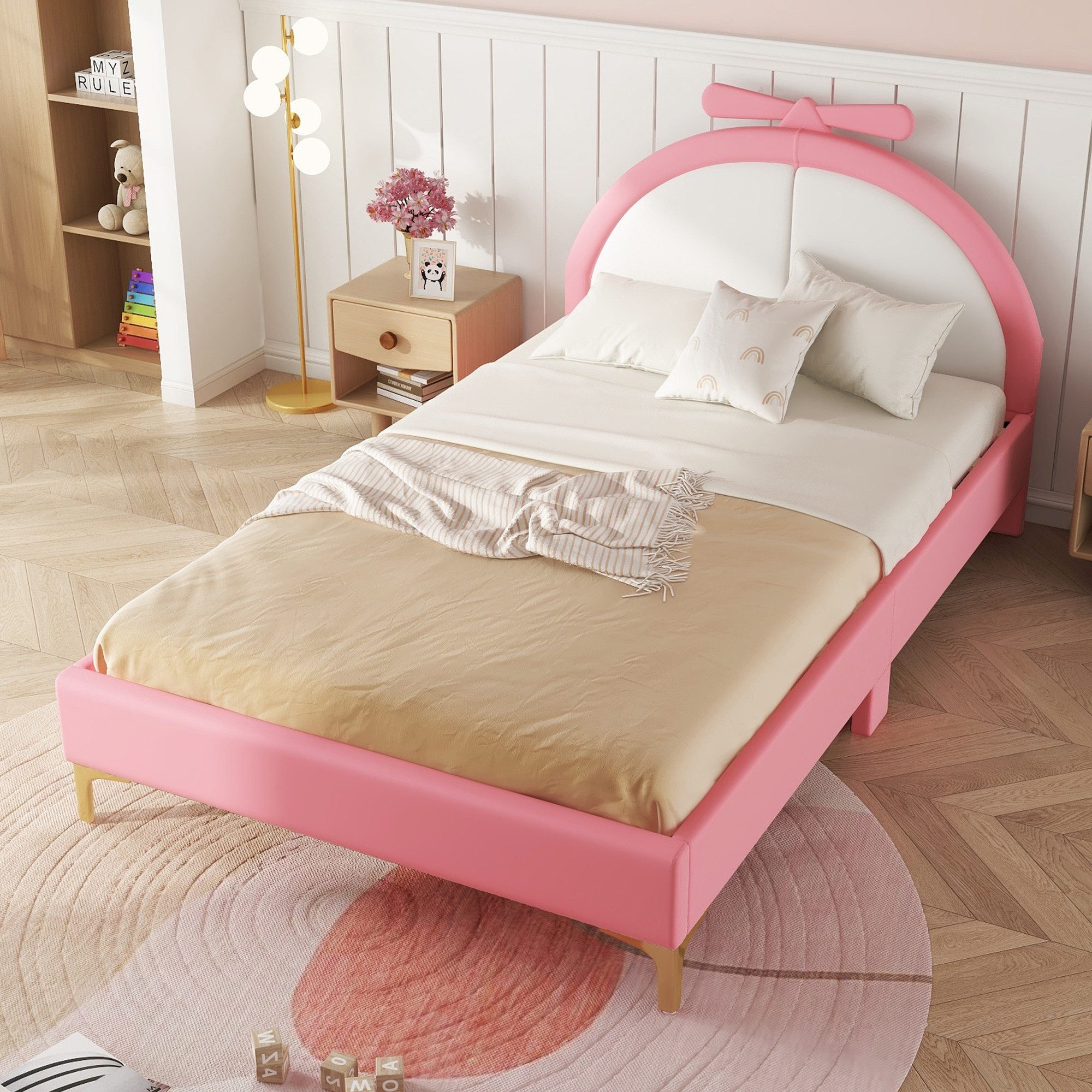 Flieks Kinderbett, Polsterbett Doppelbett 140x200cm mit Kunstleder Bezug ro günstig online kaufen