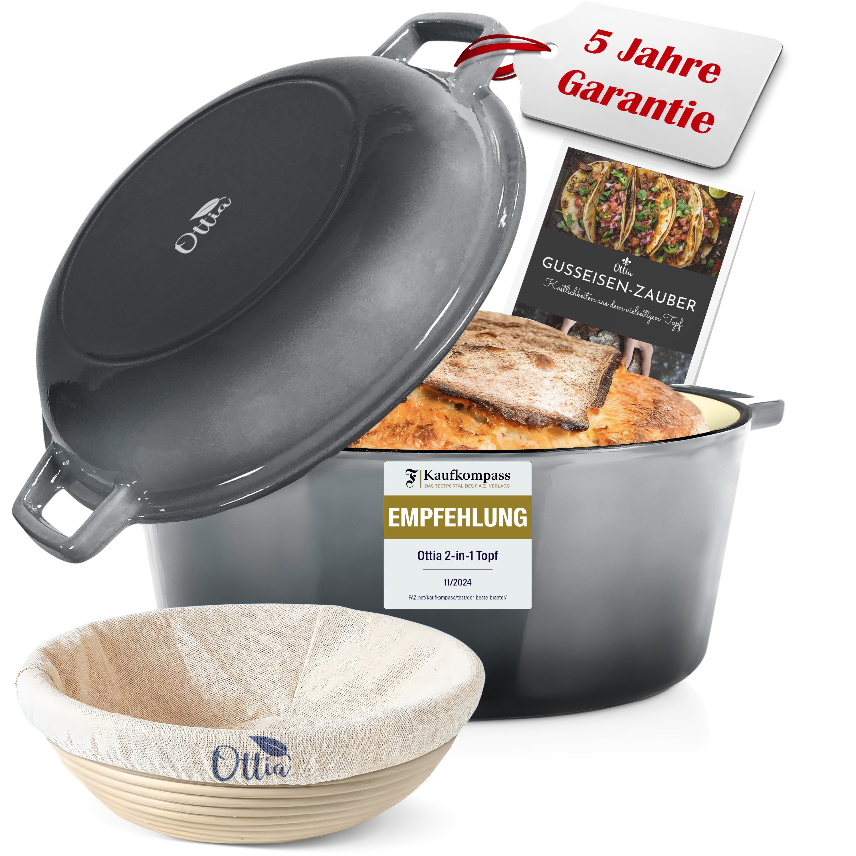 Ottia Schmortopf Gusseisen Topf, Brot backen, Dutch Oven, 2-in-1, 26cm, 5 Liter, Emaille, Gusseisen (Zubehör (E-Book & Gärkorb), Händler aus Hamburg