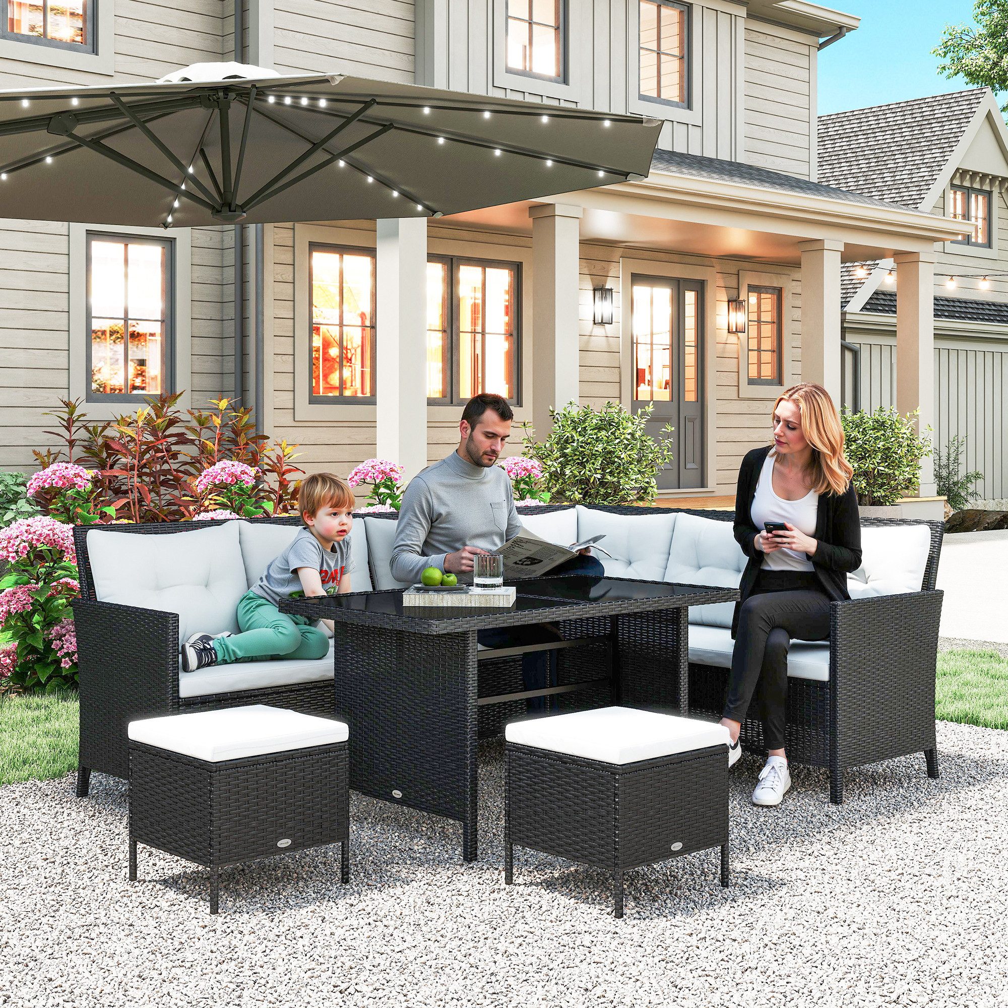 Outsunny Gartensofa Sitzgarnitur Sitzgruppe, Sitzgarnitur Sitzgruppe 18 Teile, 6 tlg.Polyrattan Sitzgruppe Sofagarnitur Gartenset Sessel Hocker Set