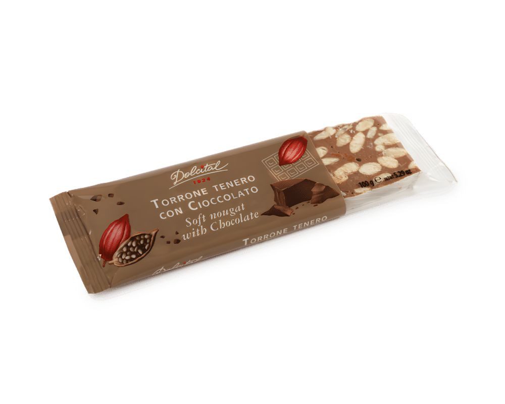 Dolcital Süßigkeit Torrone mit Mandeln und Schokolade, 100g, brauner Nougat, Dolcital, 100 l, Weicher, brauner Nougat